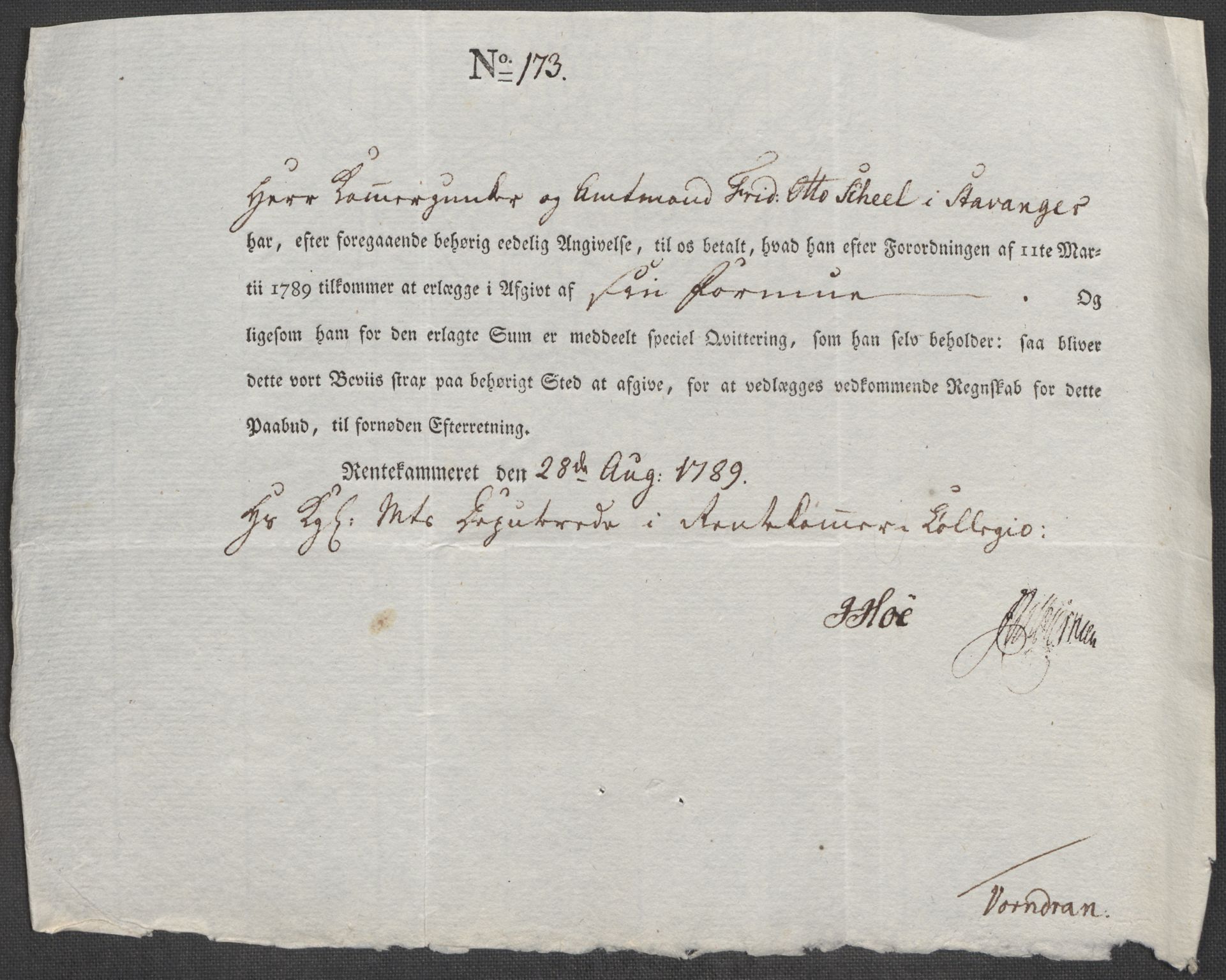 Rentekammeret inntil 1814, Reviderte regnskaper, Mindre regnskaper, RA/EA-4068/Rf/Rfe/L0045: Stavanger, Stjørdal og Verdal fogderi, 1789, p. 120