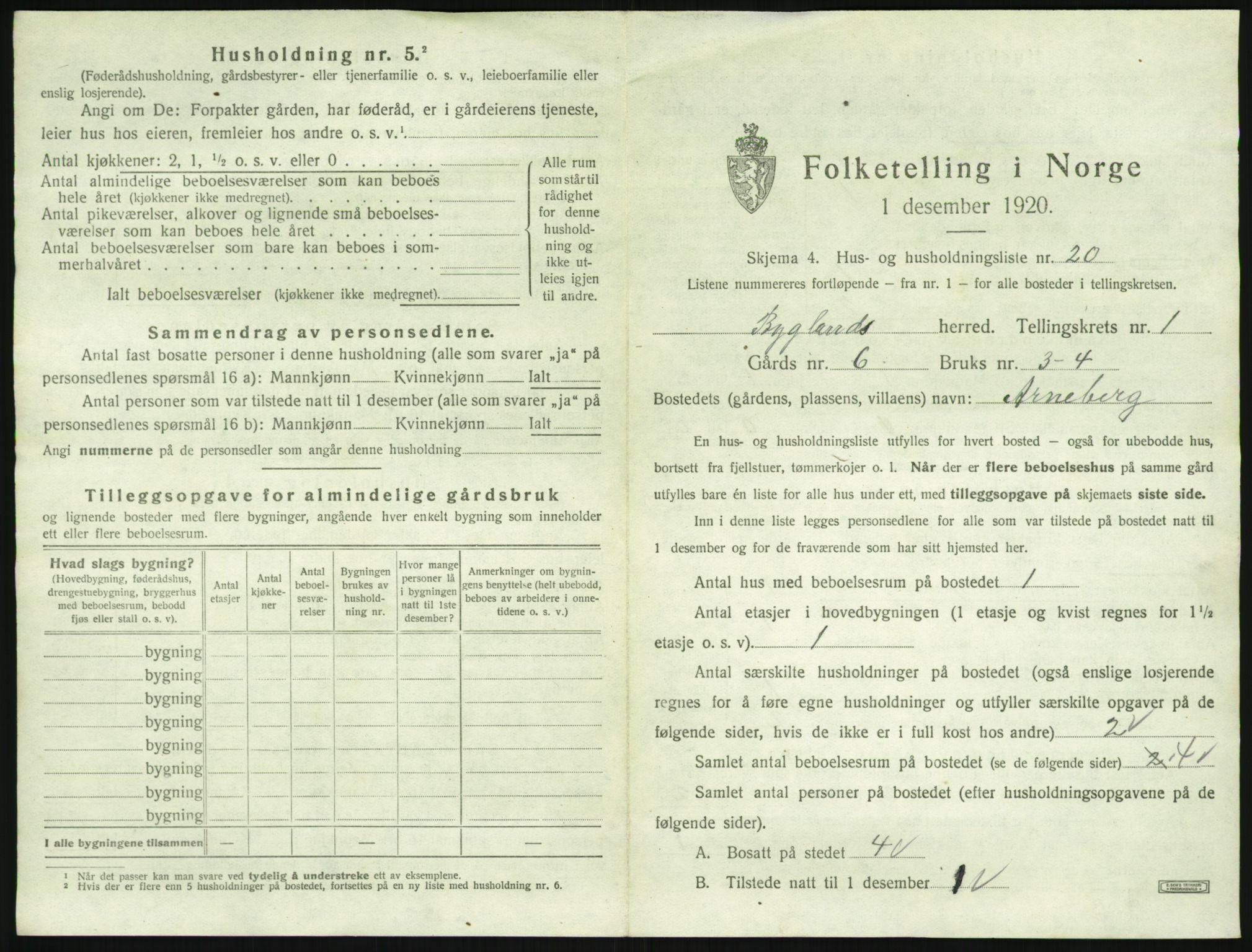 SAK, 1920 census for Bygland, 1920, p. 99