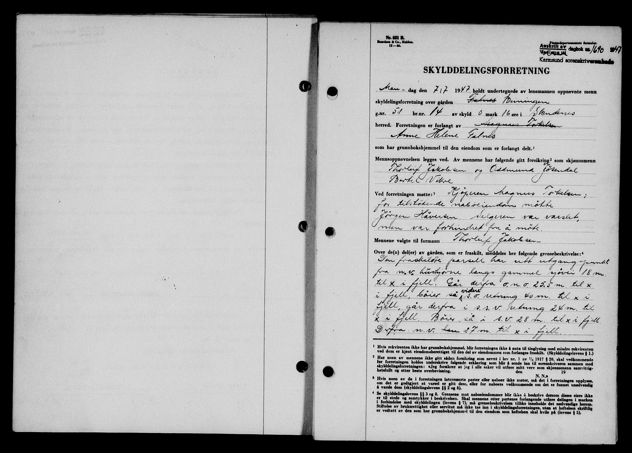 Karmsund sorenskriveri, SAST/A-100311/01/II/IIB/L0090: Mortgage book no. 70A, 1947-1947, Diary no: : 1690/1947