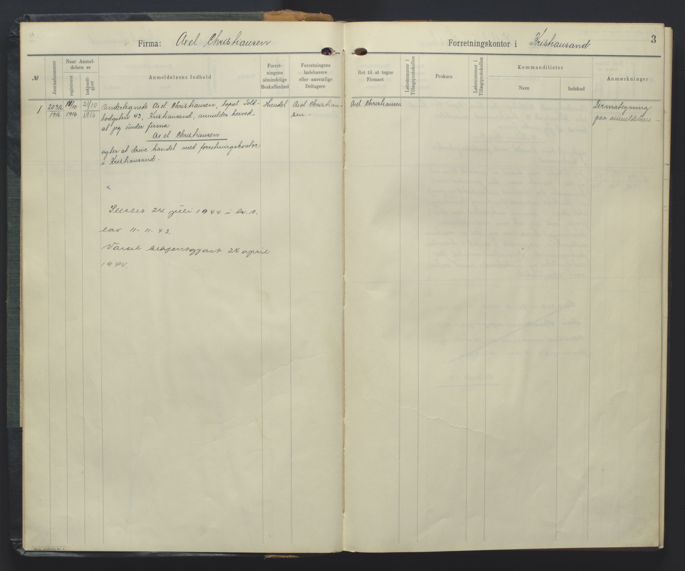 Kristiansand byrett, AV/SAK-1223-0001/K/Kb/L0005: Handelsregister A IV, 1916-1926, p. 3