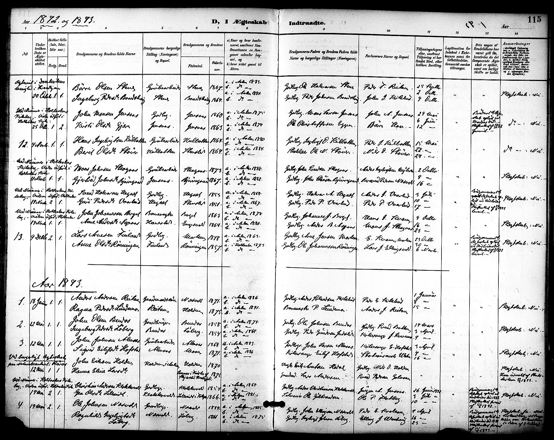 Ministerialprotokoller, klokkerbøker og fødselsregistre - Sør-Trøndelag, SAT/A-1456/686/L0984: Parish register (official) no. 686A02, 1891-1906, p. 115