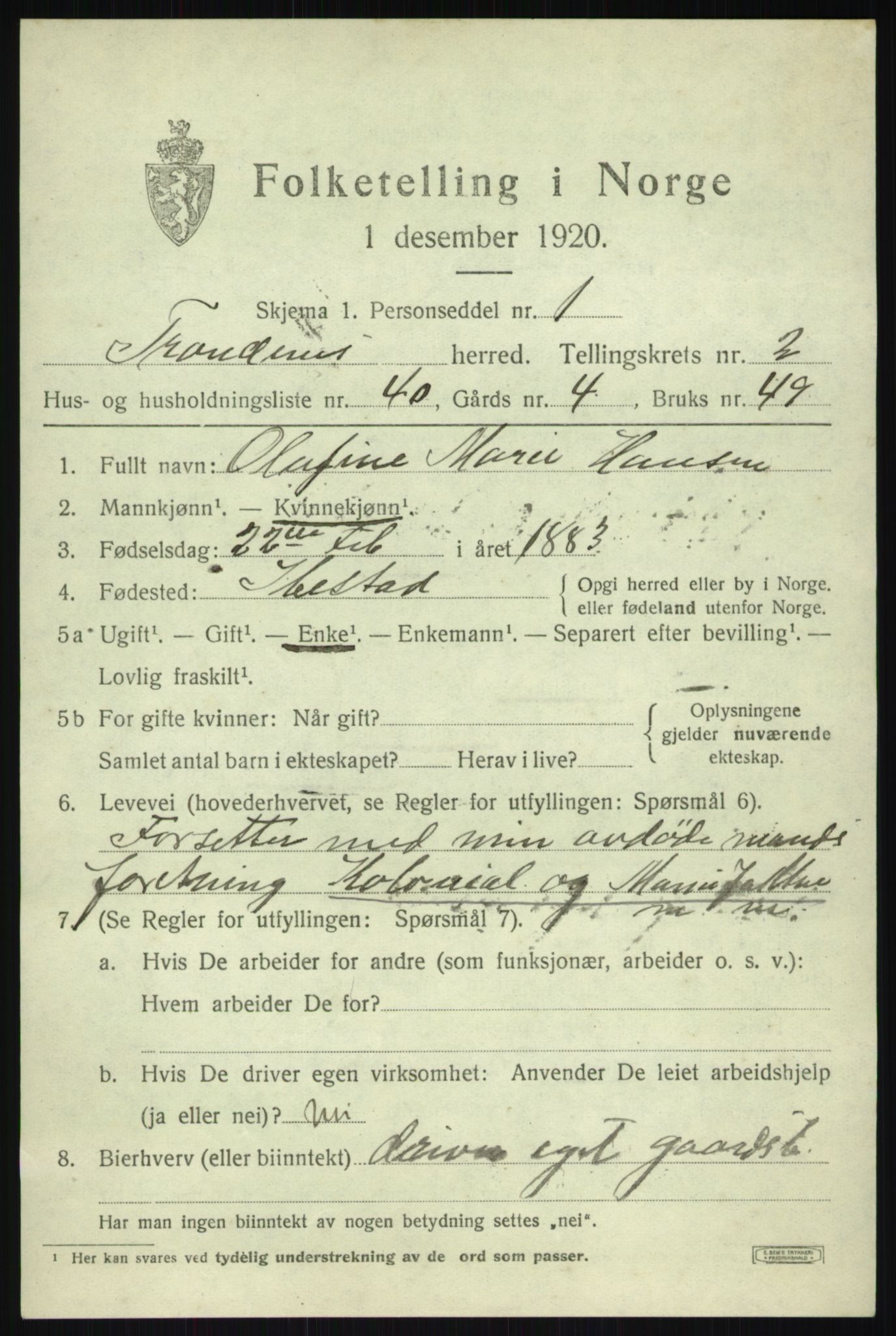 SATØ, 1920 census for Trondenes, 1920, p. 4139