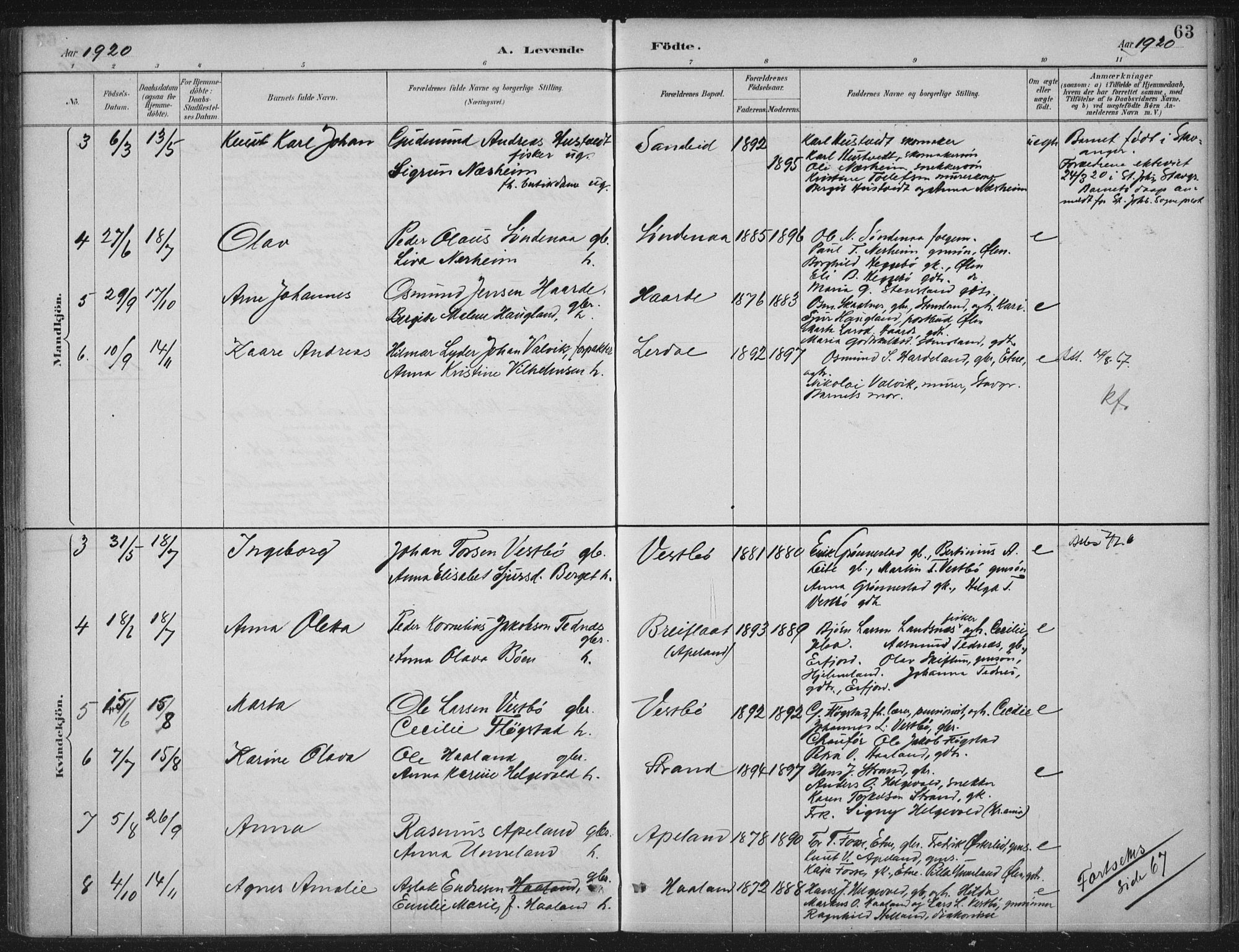 Vikedal sokneprestkontor, AV/SAST-A-101840/01/IV: Parish register (official) no. A 11, 1884-1933, p. 63