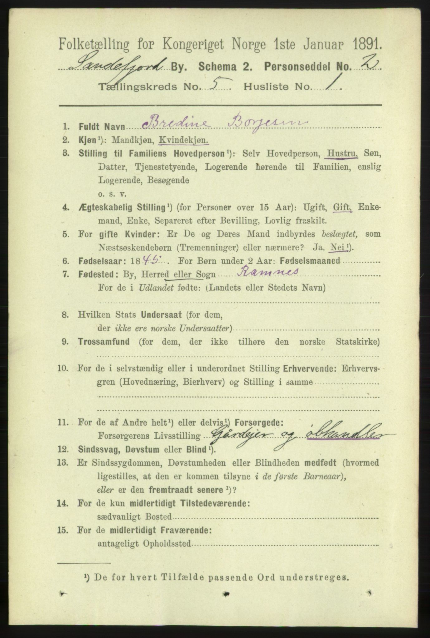 RA, 1891 census for 0706 Sandefjord, 1891, p. 1739