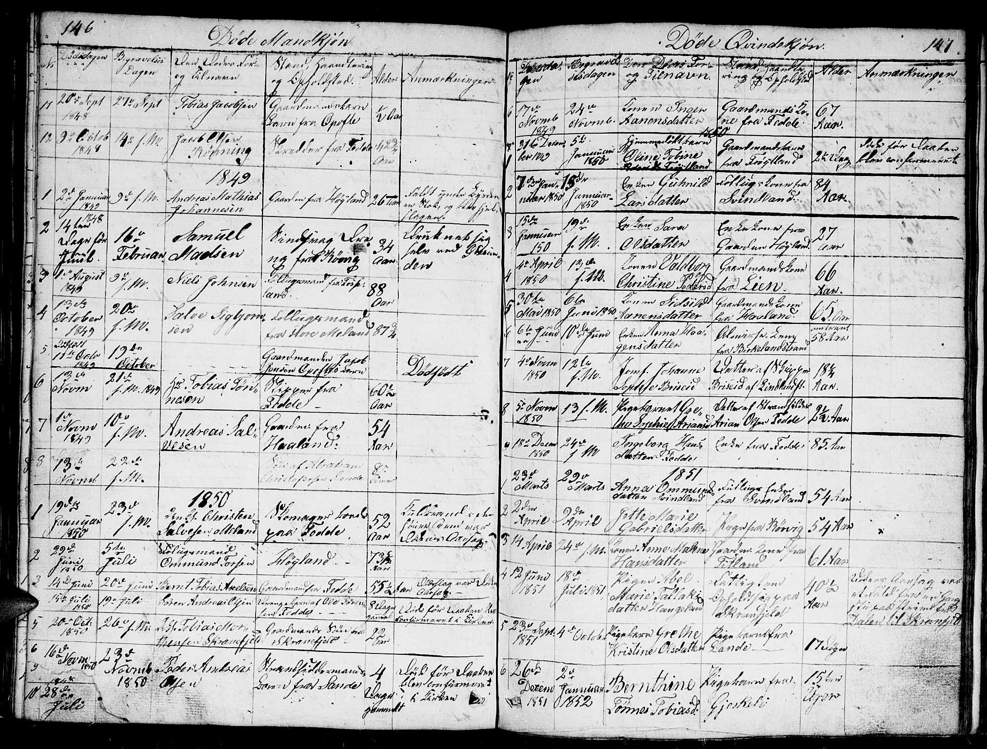 Kvinesdal sokneprestkontor, AV/SAK-1111-0026/F/Fb/Fba/L0002: Parish register (copy) no. B 2, 1838-1858, p. 146-147