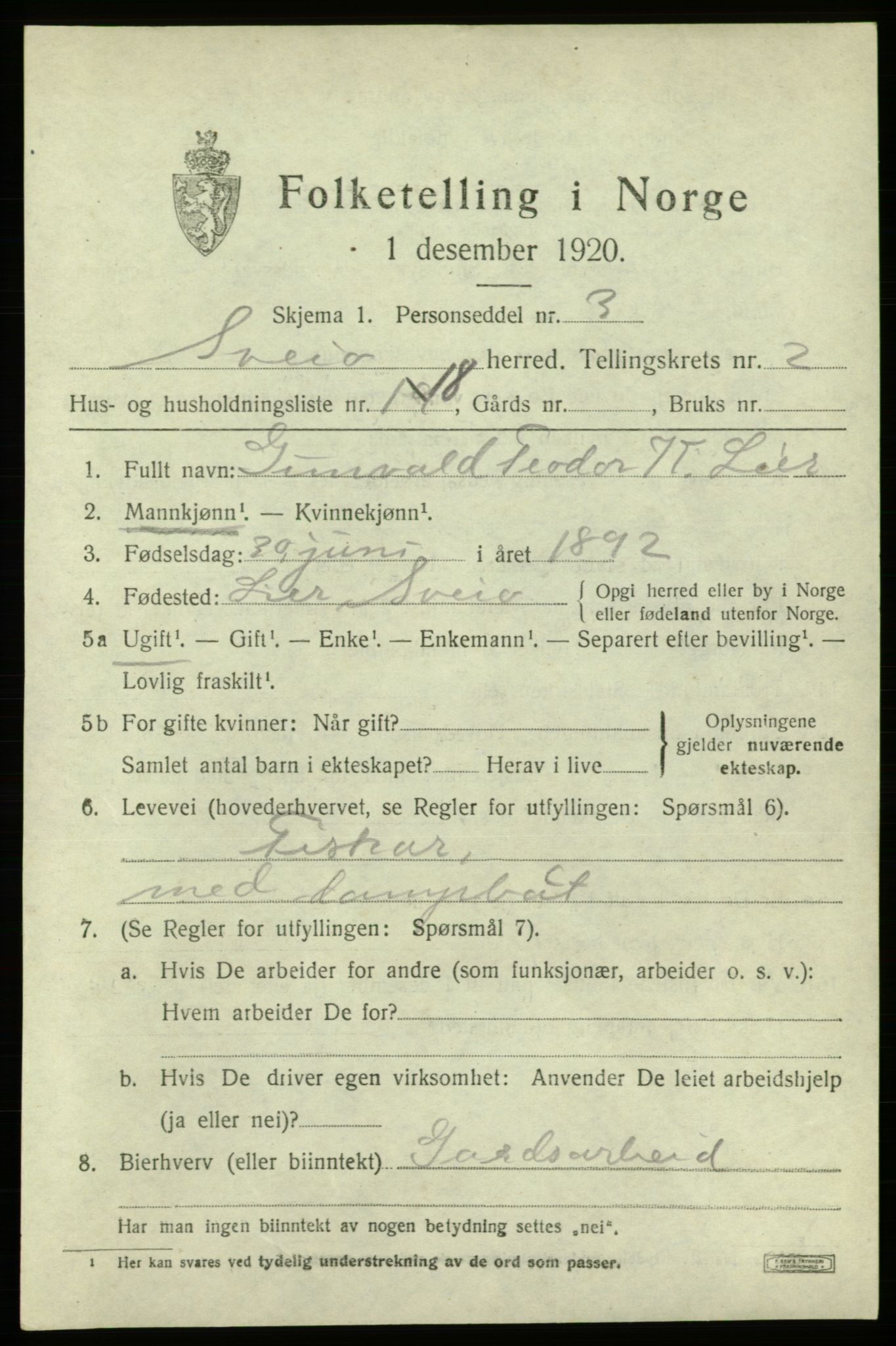 SAB, 1920 census for Sveio, 1920, p. 1494