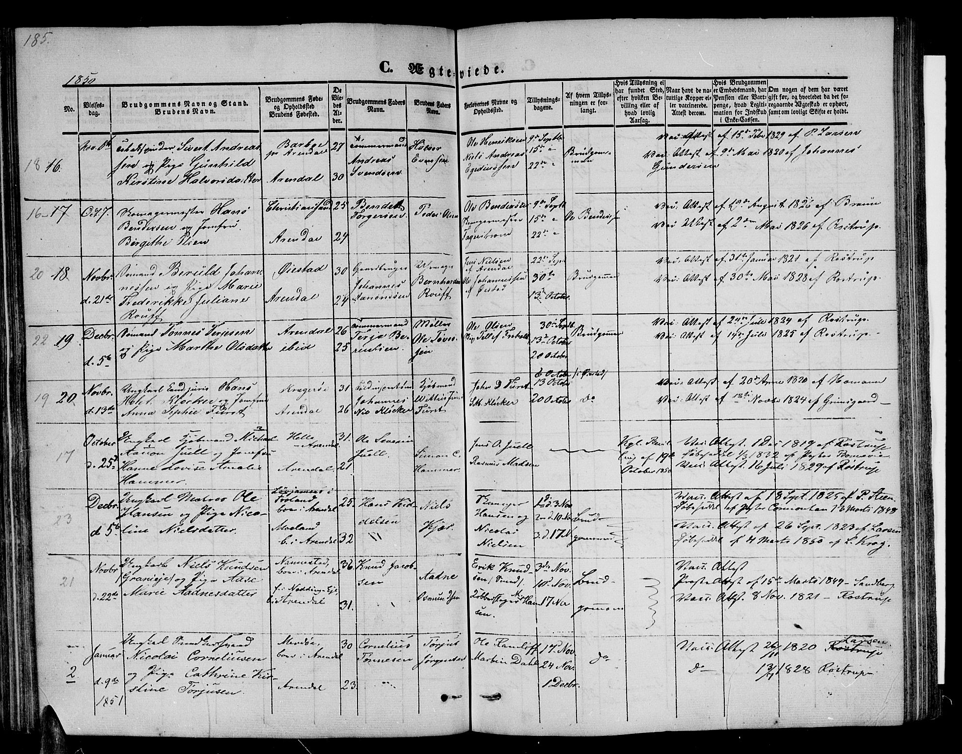 Arendal sokneprestkontor, Trefoldighet, SAK/1111-0040/F/Fb/L0002: Parish register (copy) no. B 2, 1838-1860, p. 185