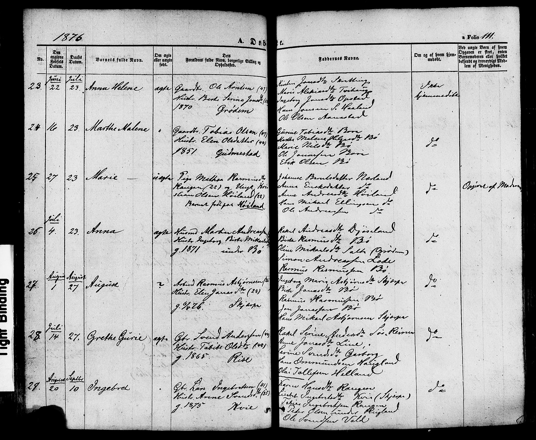 Hå sokneprestkontor, AV/SAST-A-101801/001/30BA/L0008: Parish register (official) no. A 7, 1853-1878, p. 111