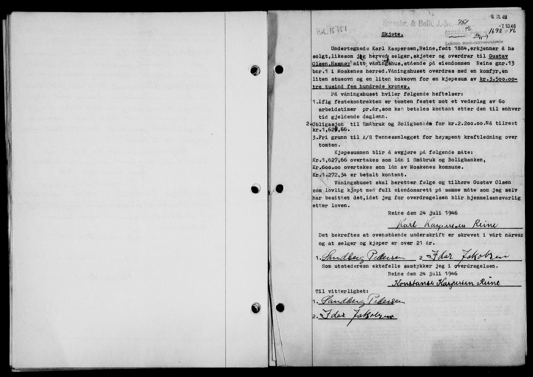 Lofoten sorenskriveri, SAT/A-0017/1/2/2C/L0015a: Mortgage book no. 15a, 1946-1947, Diary no: : 1698/1946
