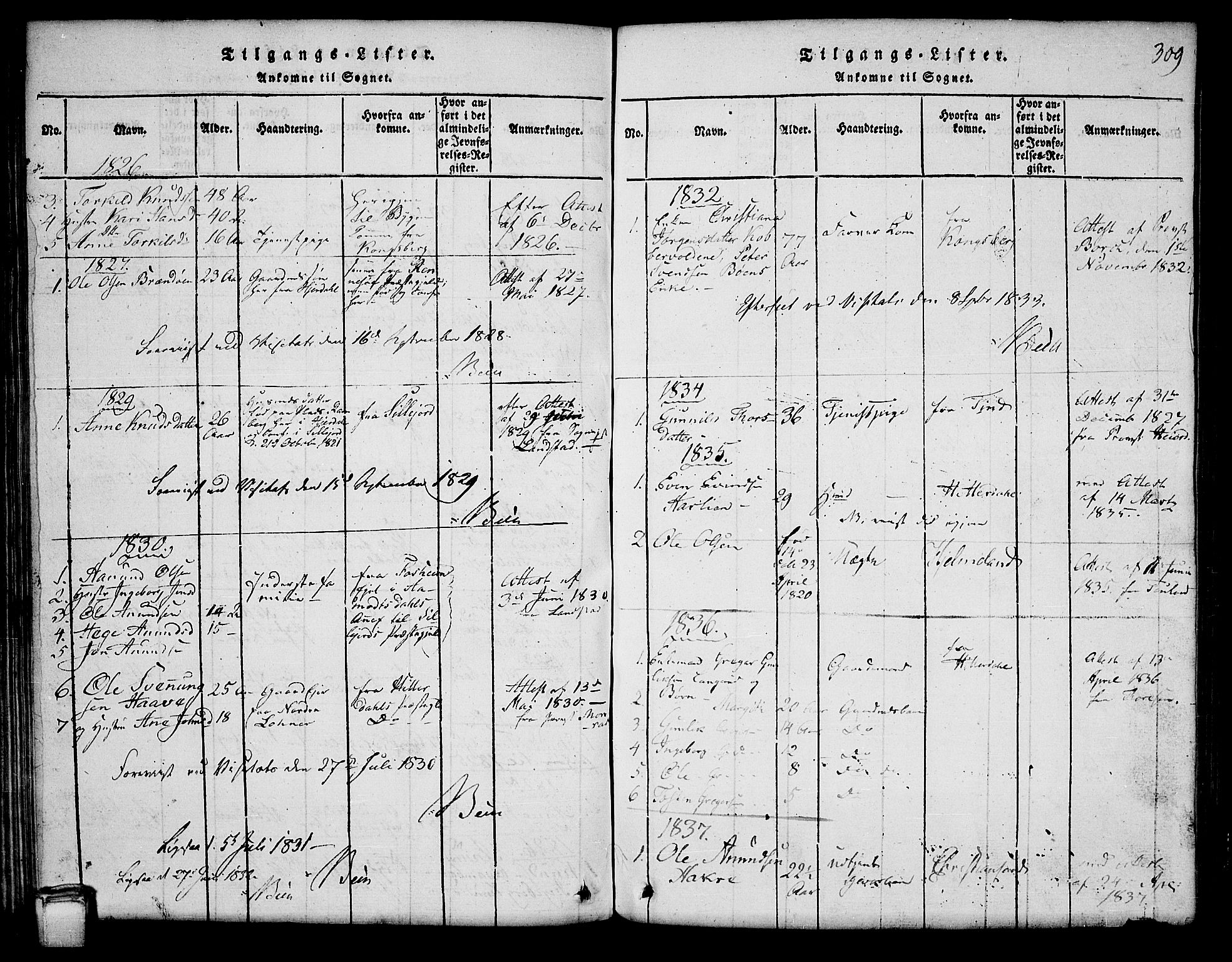 Hjartdal kirkebøker, SAKO/A-270/G/Ga/L0001: Parish register (copy) no. I 1, 1815-1842, p. 309