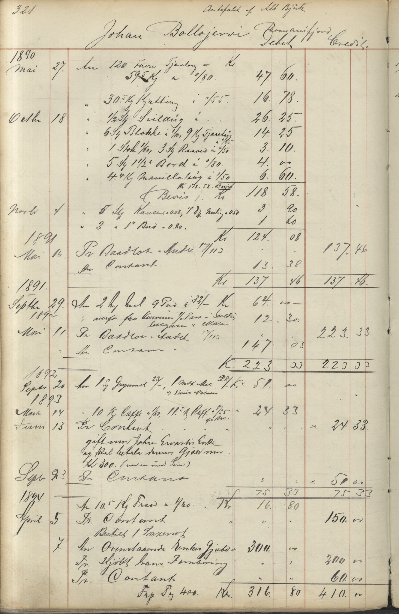 Brodtkorb handel A/S, VAMU/A-0001/F/Fc/L0001/0001: Konto for kvener og nordmenn på Kolahalvøya  / Conto for Kvæner og Nordmænd paa Russefinmarken No 1, 1868-1894, p. 321