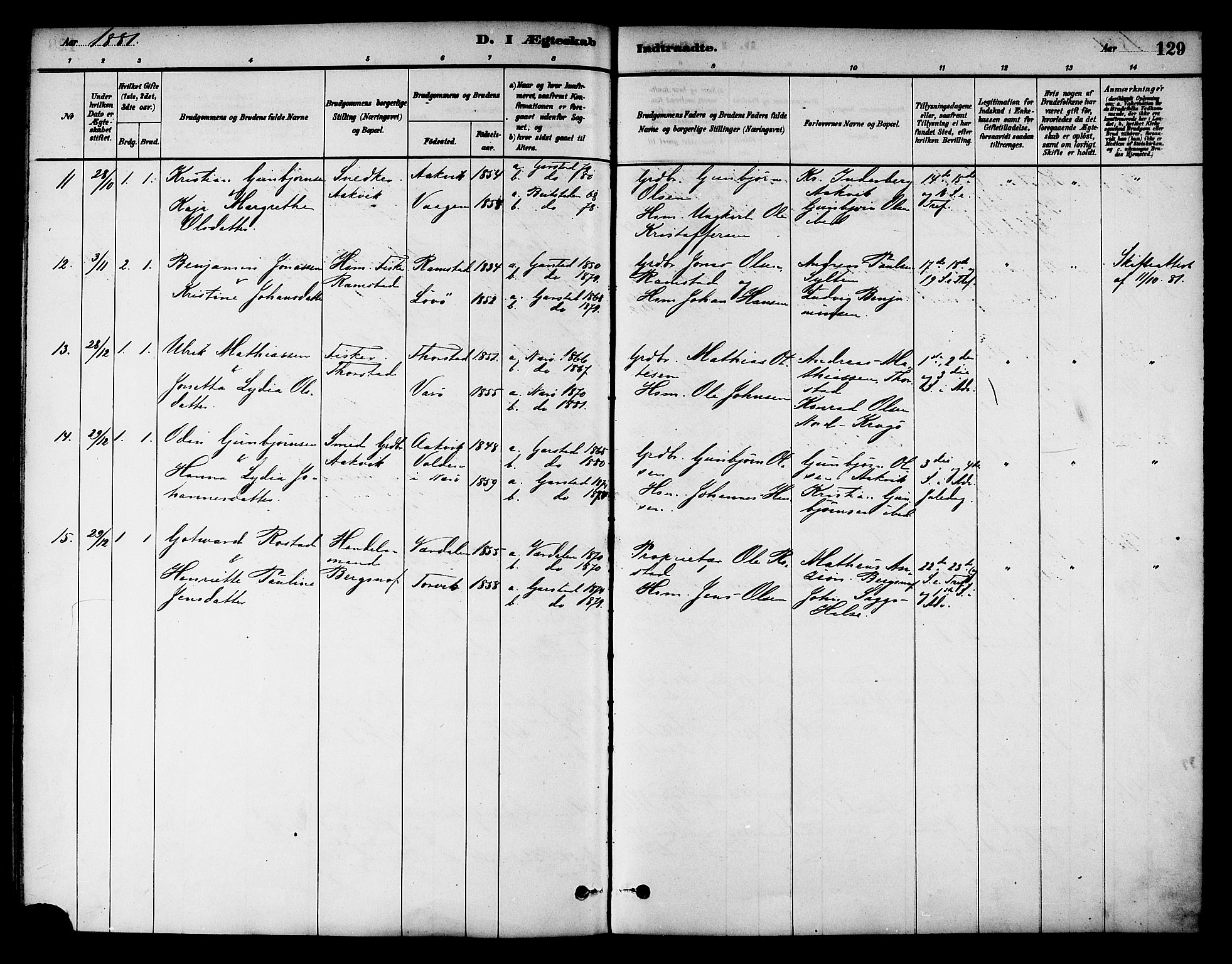 Ministerialprotokoller, klokkerbøker og fødselsregistre - Nord-Trøndelag, SAT/A-1458/784/L0672: Parish register (official) no. 784A07, 1880-1887, p. 129