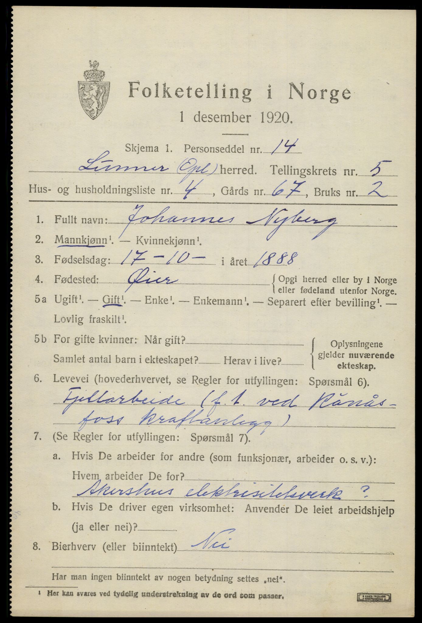 SAH, 1920 census for Lunner, 1920, p. 6995