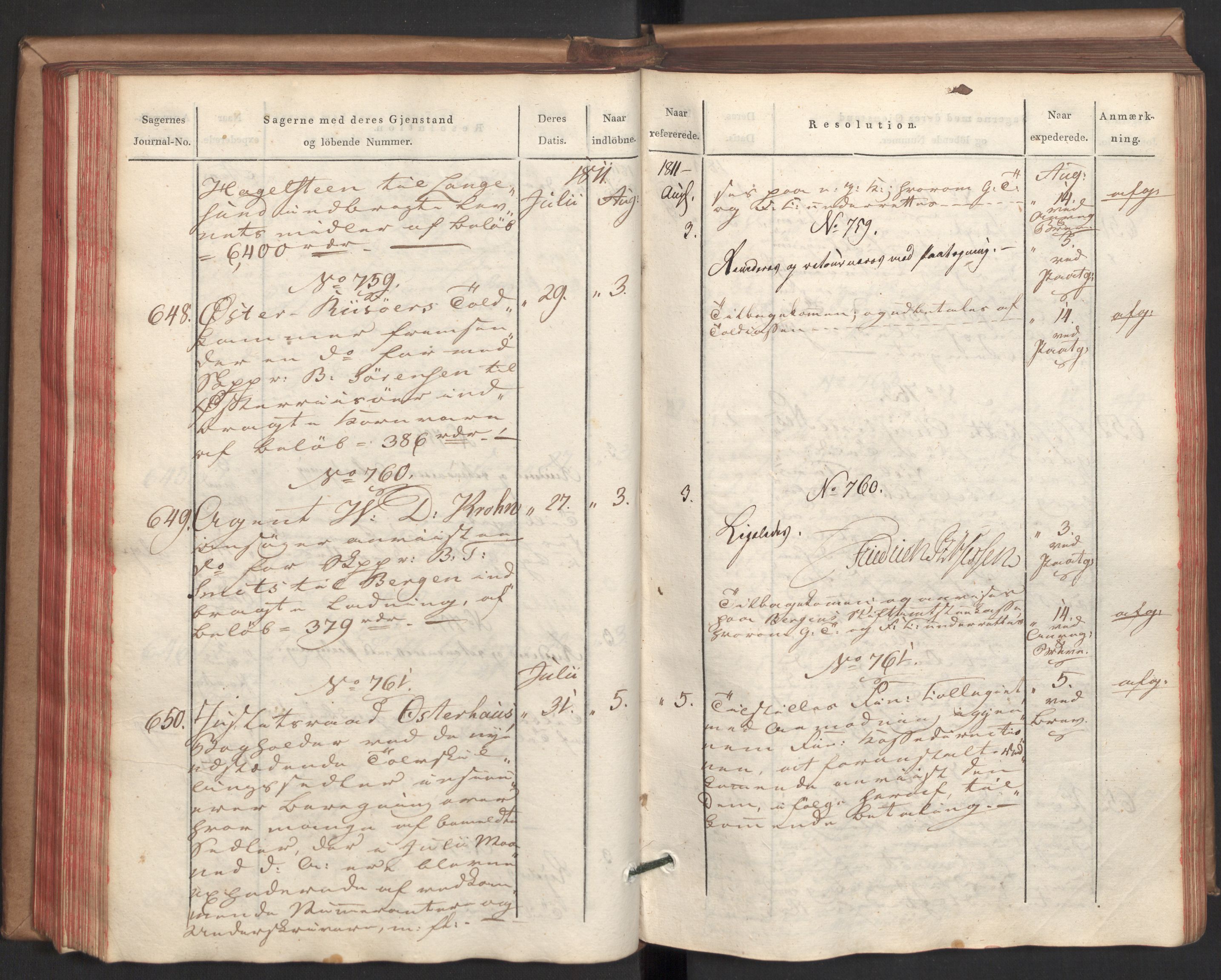 Stattholderembetet 1810-1814, 2. kontor (Kontor B), AV/RA-EA-5432/Ab/L0002: Referatprotokoll,  j.nr. 291-1001,  l.nr. 348-1179, 1811, p. 139