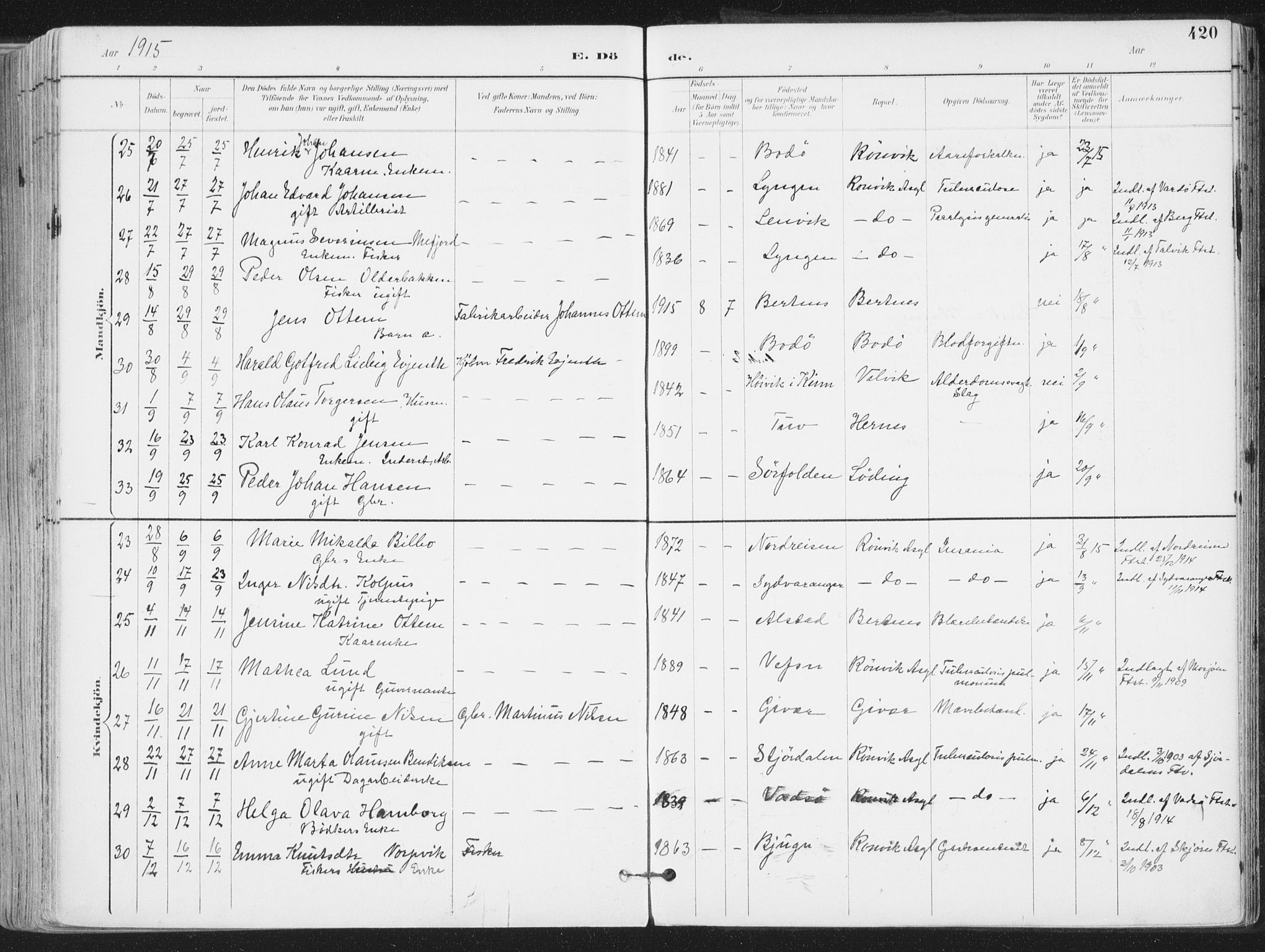 Ministerialprotokoller, klokkerbøker og fødselsregistre - Nordland, AV/SAT-A-1459/802/L0055: Parish register (official) no. 802A02, 1894-1915, p. 420