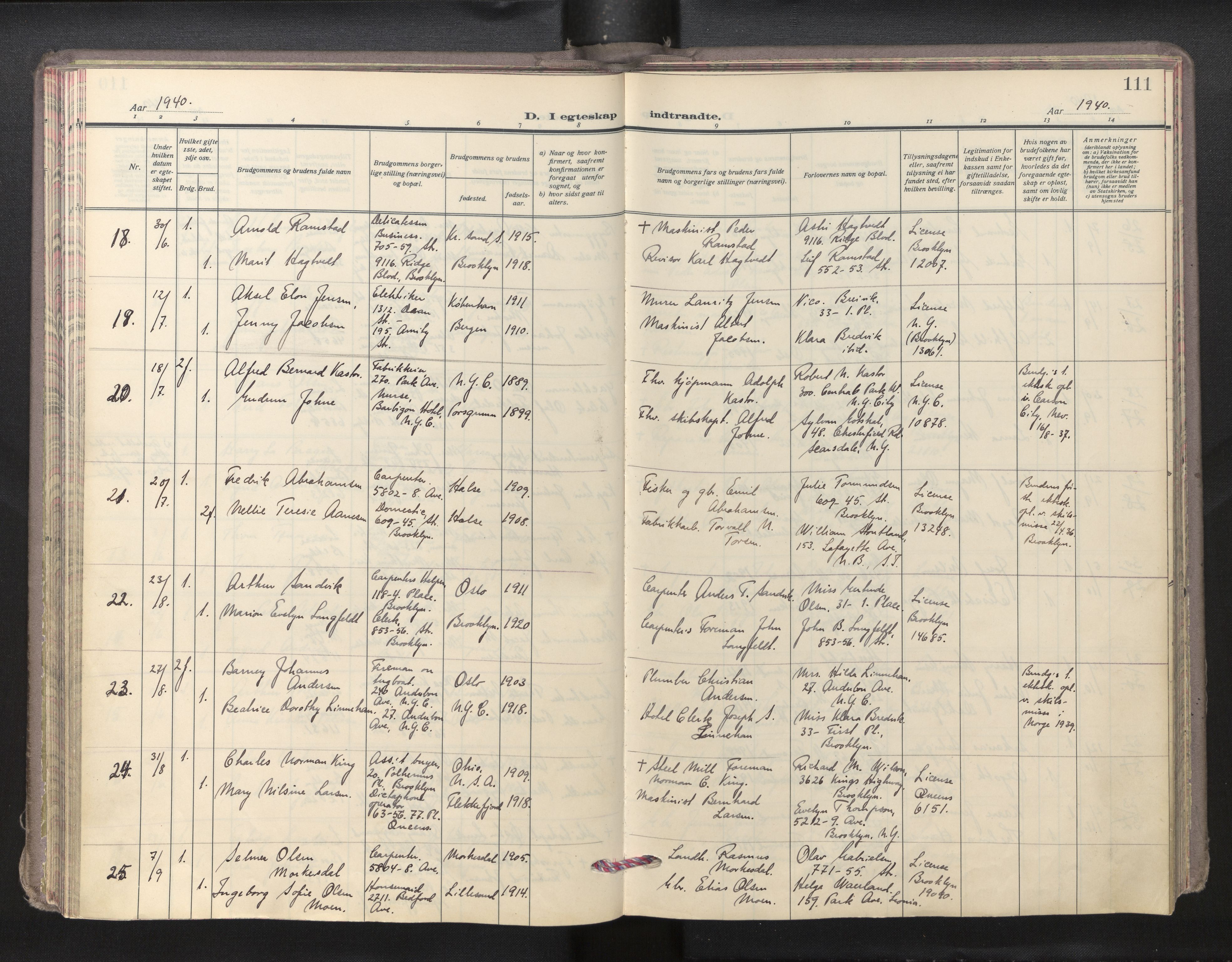 Den norske sjømannsmisjon i utlandet/New York, AV/SAB-SAB/PA-0110/H/Ha/L0009: Parish register (official) no. A 9, 1935-1945, p. 110b-111a