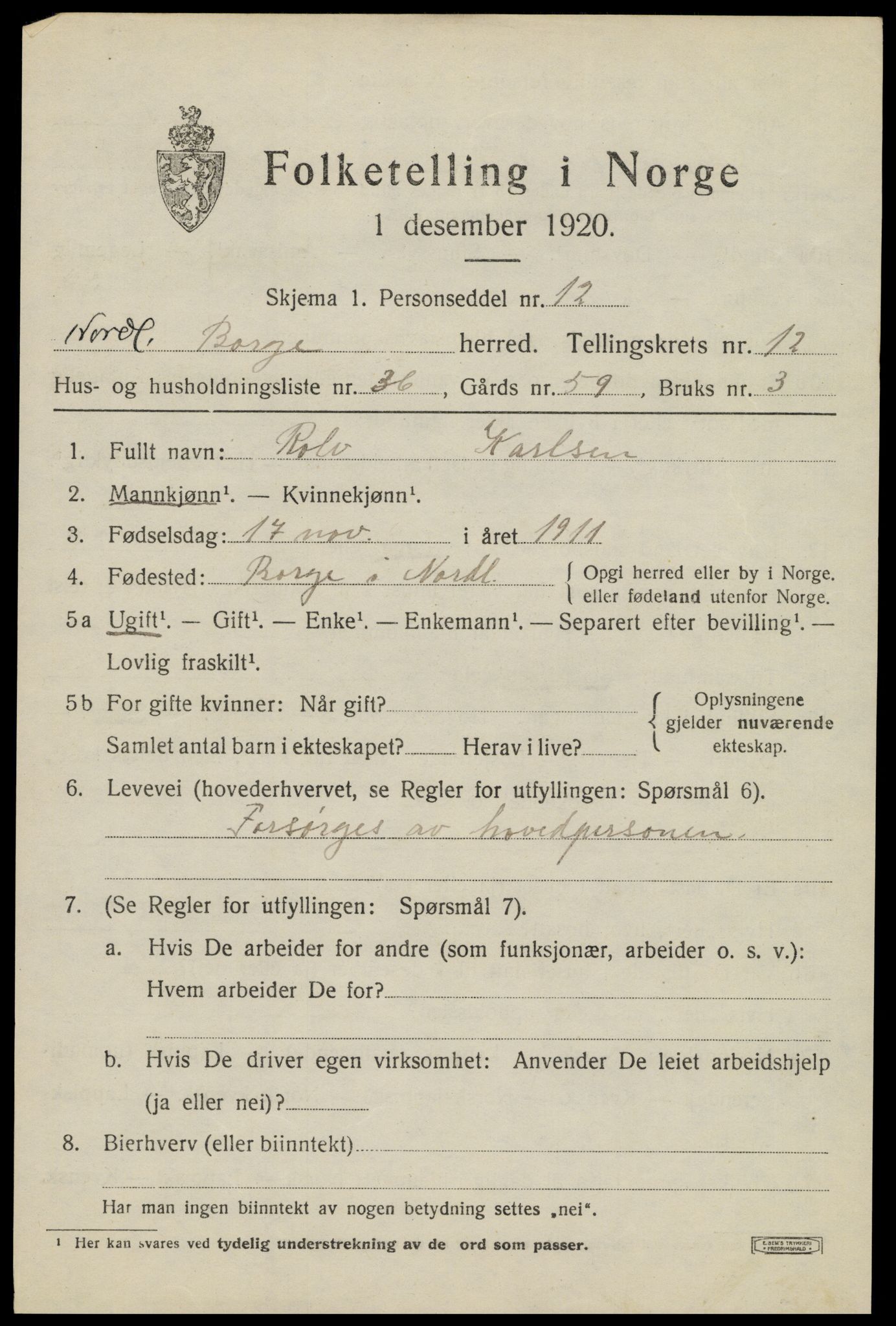 SAT, 1920 census for Borge, 1920, p. 10293