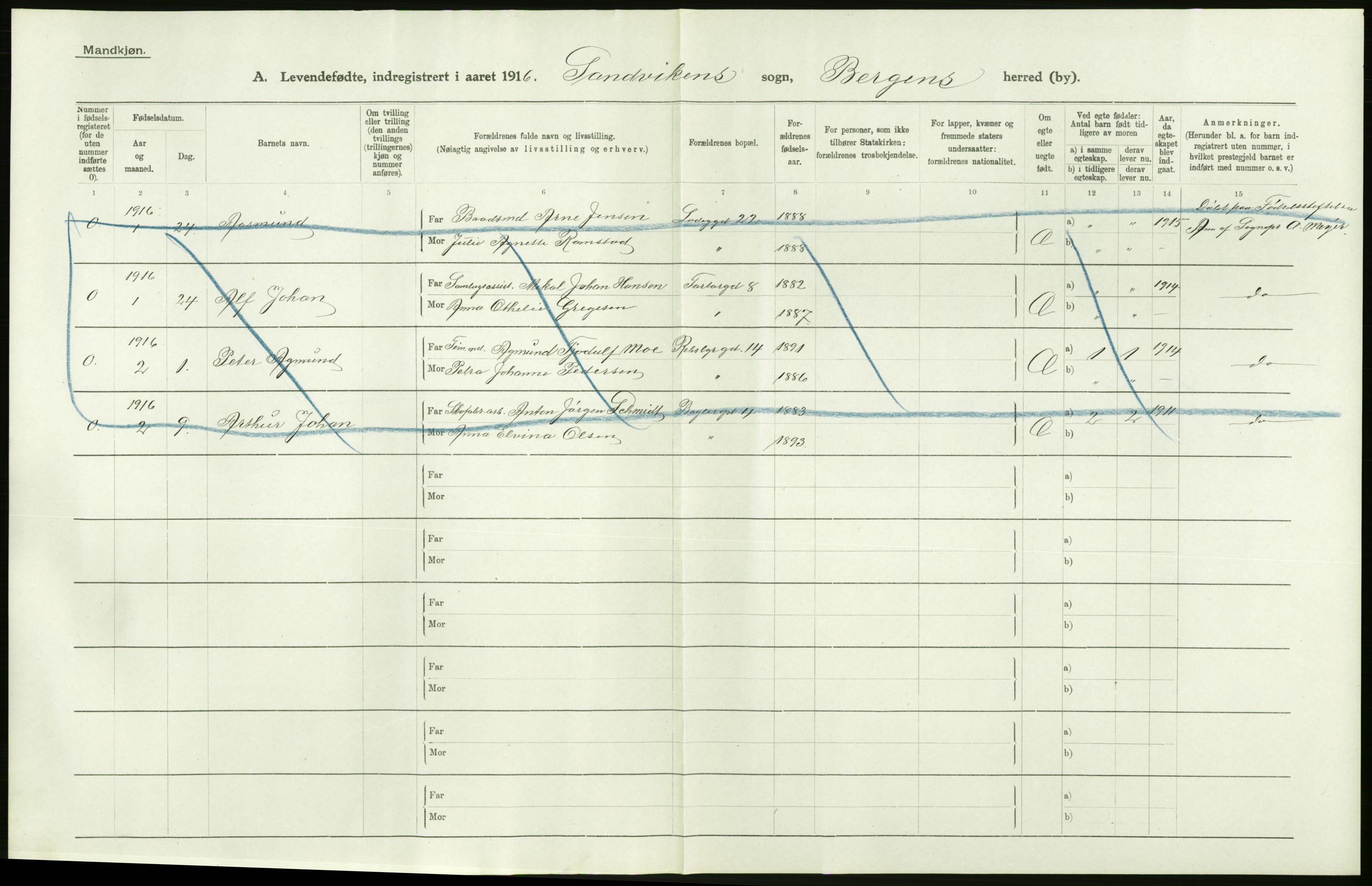 Statistisk sentralbyrå, Sosiodemografiske emner, Befolkning, AV/RA-S-2228/D/Df/Dfb/Dfbf/L0037: Bergen: Levendefødte menn og kvinner., 1916, p. 10