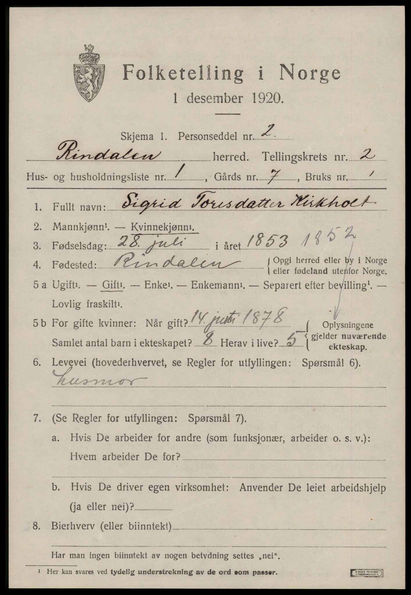 SAT, 1920 census for Rindal, 1920, p. 974
