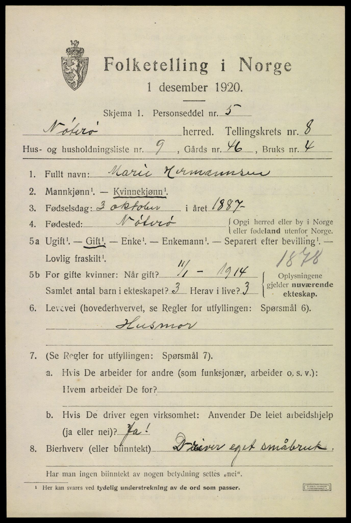 SAKO, 1920 census for Nøtterøy, 1920, p. 10461