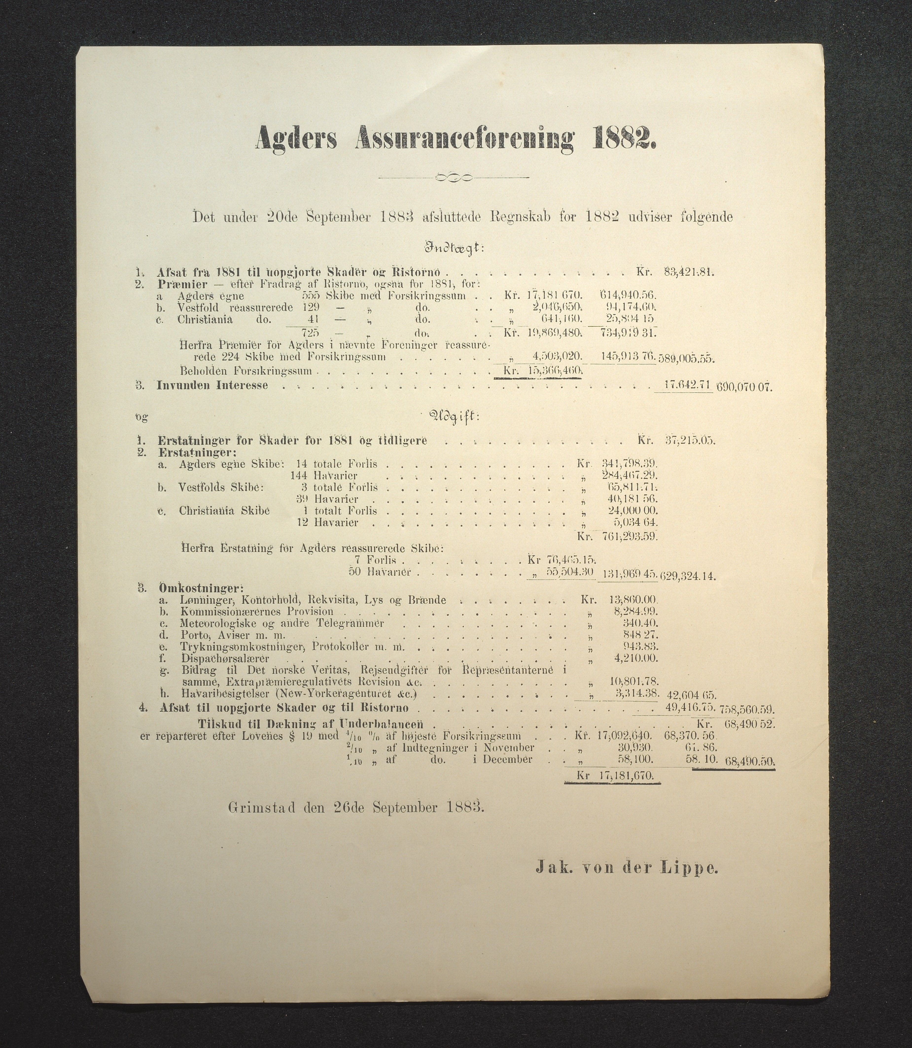 Agders Gjensidige Assuranceforening, AAKS/PA-1718/05/L0002: Regnskap, seilavdeling, pakkesak, 1881-1889