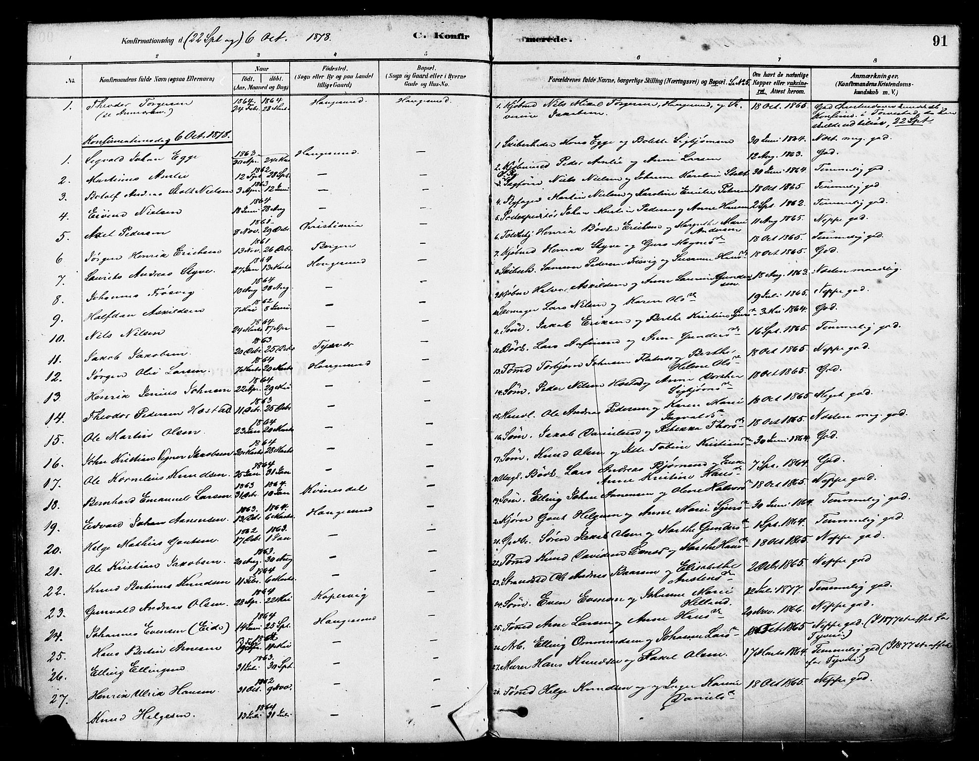 Haugesund sokneprestkontor, AV/SAST-A -101863/H/Ha/Haa/L0001: Parish register (official) no. A 1, 1878-1885, p. 91