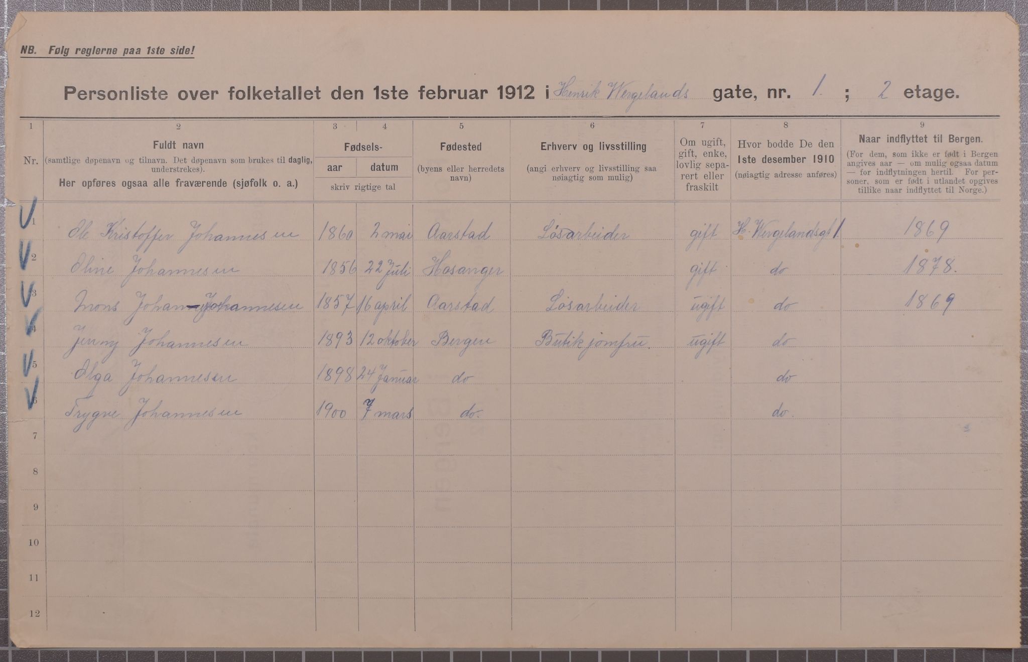 SAB, Municipal Census 1912 for Bergen, 1912, p. 2249