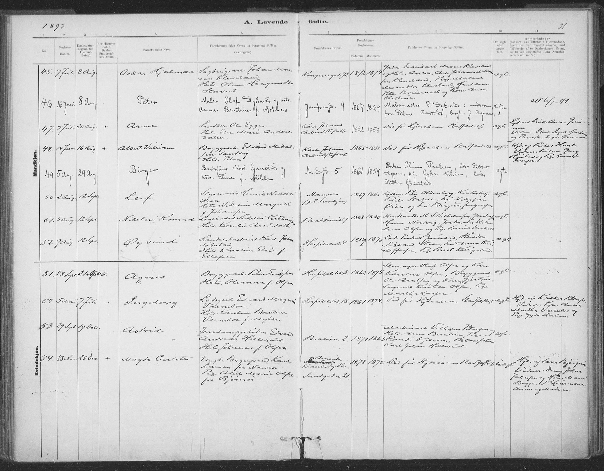 Ministerialprotokoller, klokkerbøker og fødselsregistre - Sør-Trøndelag, SAT/A-1456/602/L0122: Parish register (official) no. 602A20, 1892-1908, p. 51