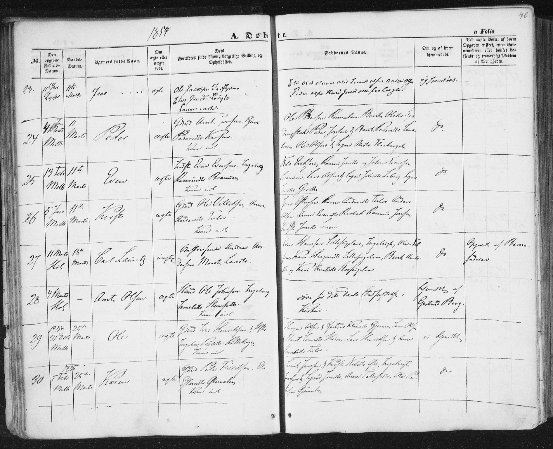 Ministerialprotokoller, klokkerbøker og fødselsregistre - Sør-Trøndelag, AV/SAT-A-1456/691/L1076: Parish register (official) no. 691A08, 1852-1861, p. 40