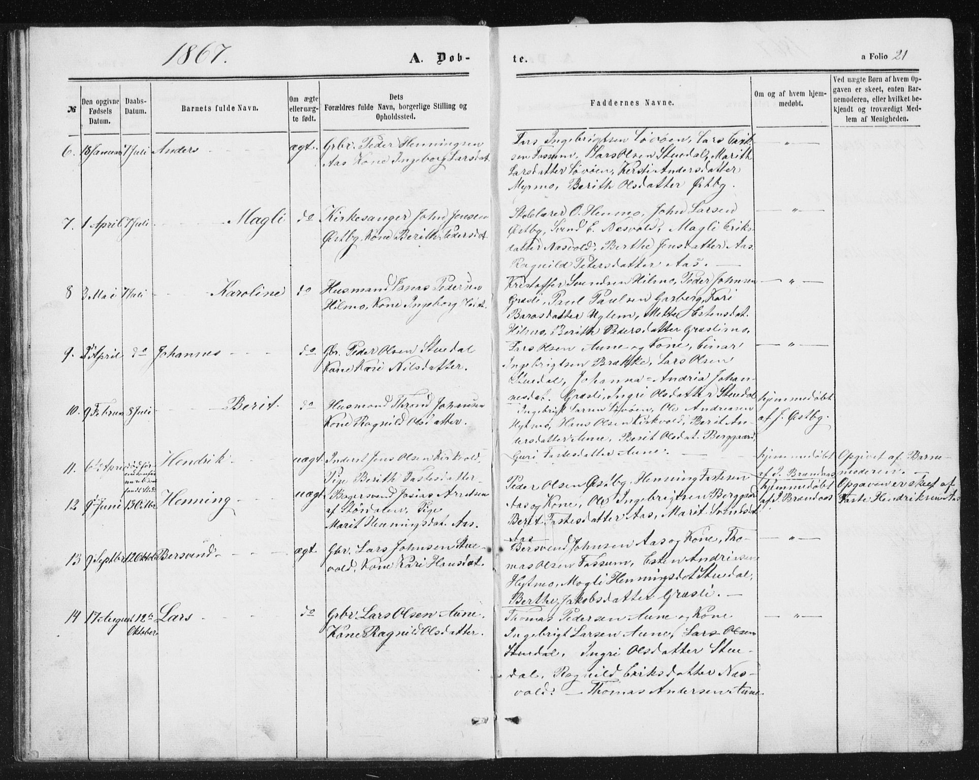 Ministerialprotokoller, klokkerbøker og fødselsregistre - Sør-Trøndelag, SAT/A-1456/698/L1166: Parish register (copy) no. 698C03, 1861-1887, p. 21
