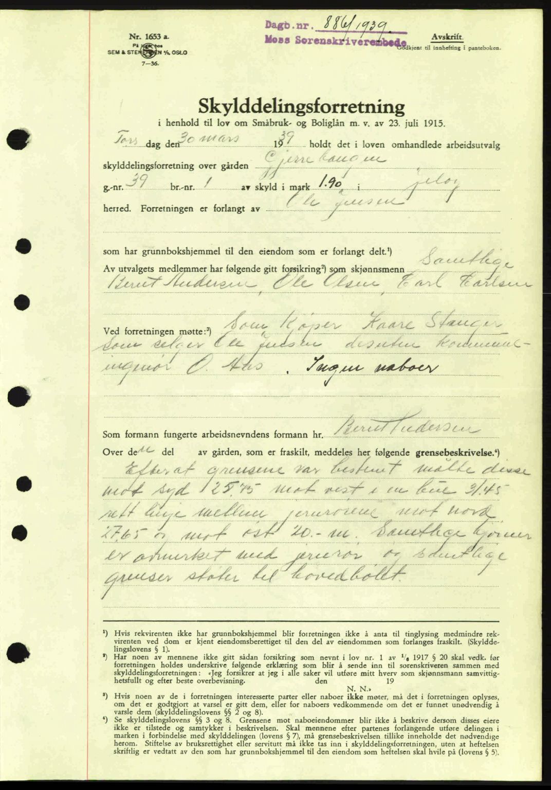 Moss sorenskriveri, SAO/A-10168: Mortgage book no. A5, 1938-1939, Diary no: : 886/1939