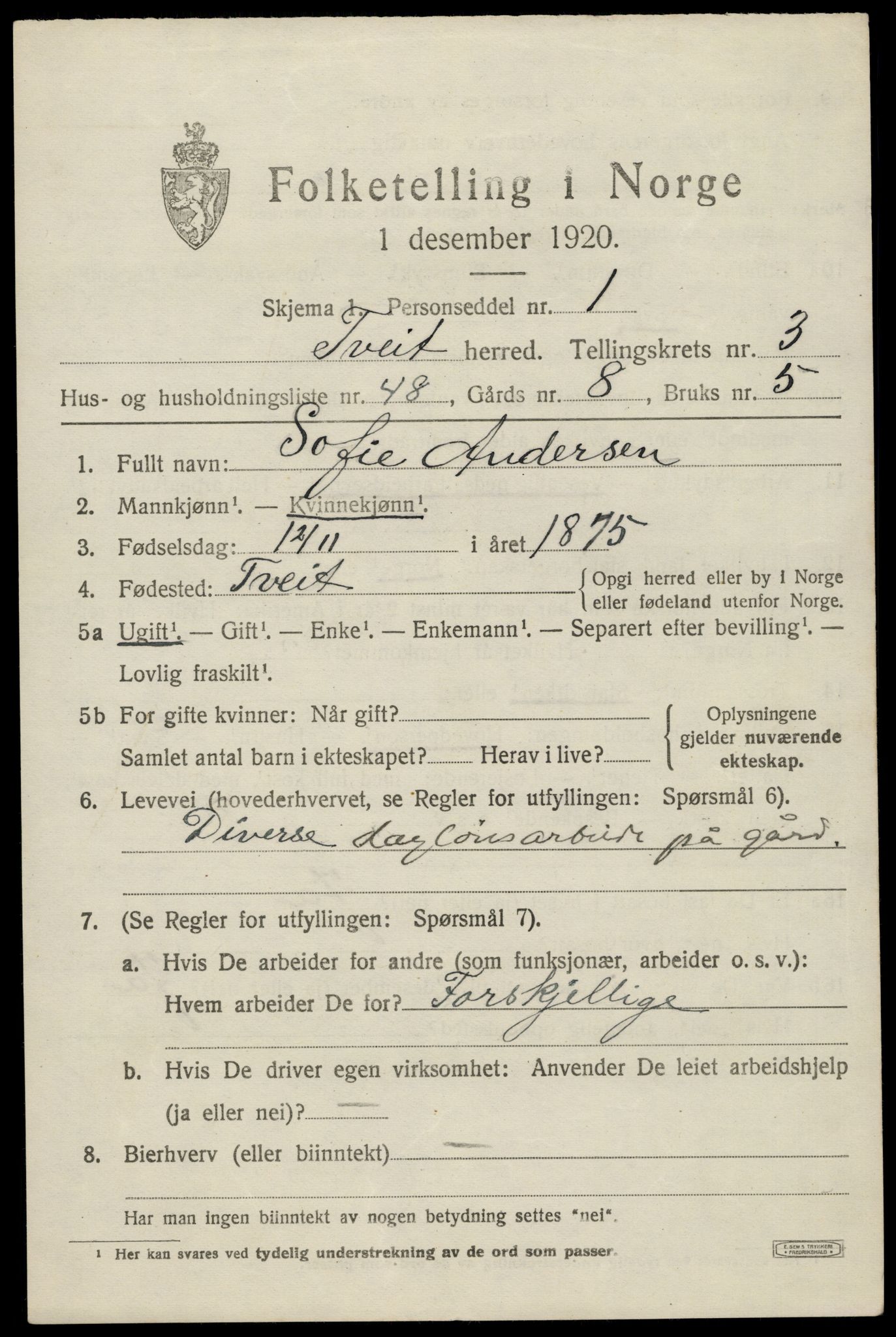 SAK, 1920 census for Tveit, 1920, p. 1974