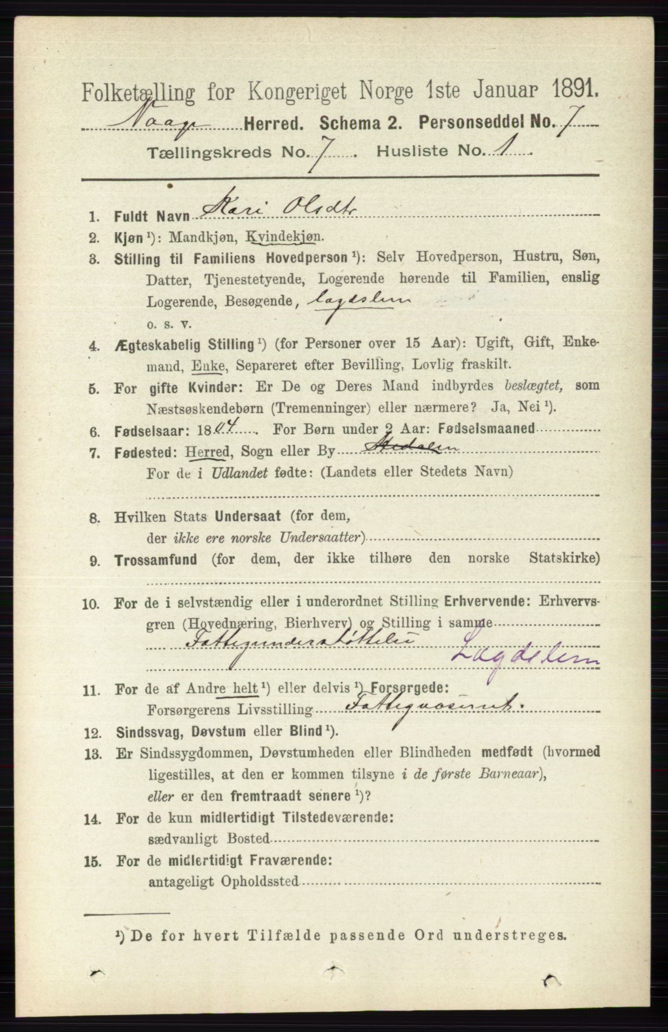 RA, 1891 census for 0515 Vågå, 1891, p. 4332