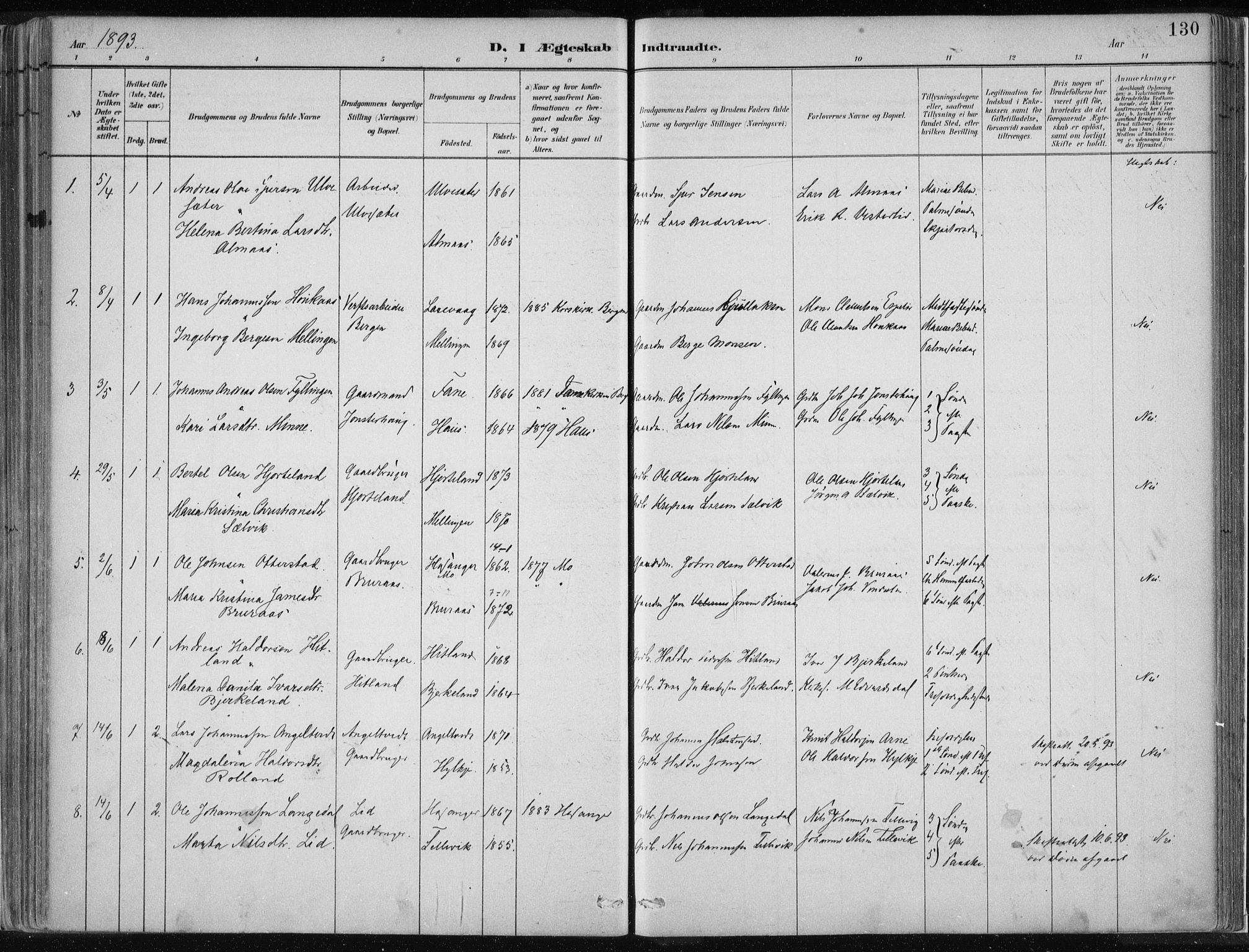 Hamre sokneprestembete, SAB/A-75501/H/Ha/Haa/Haad/L0001: Parish register (official) no. D  1, 1882-1906, p. 130