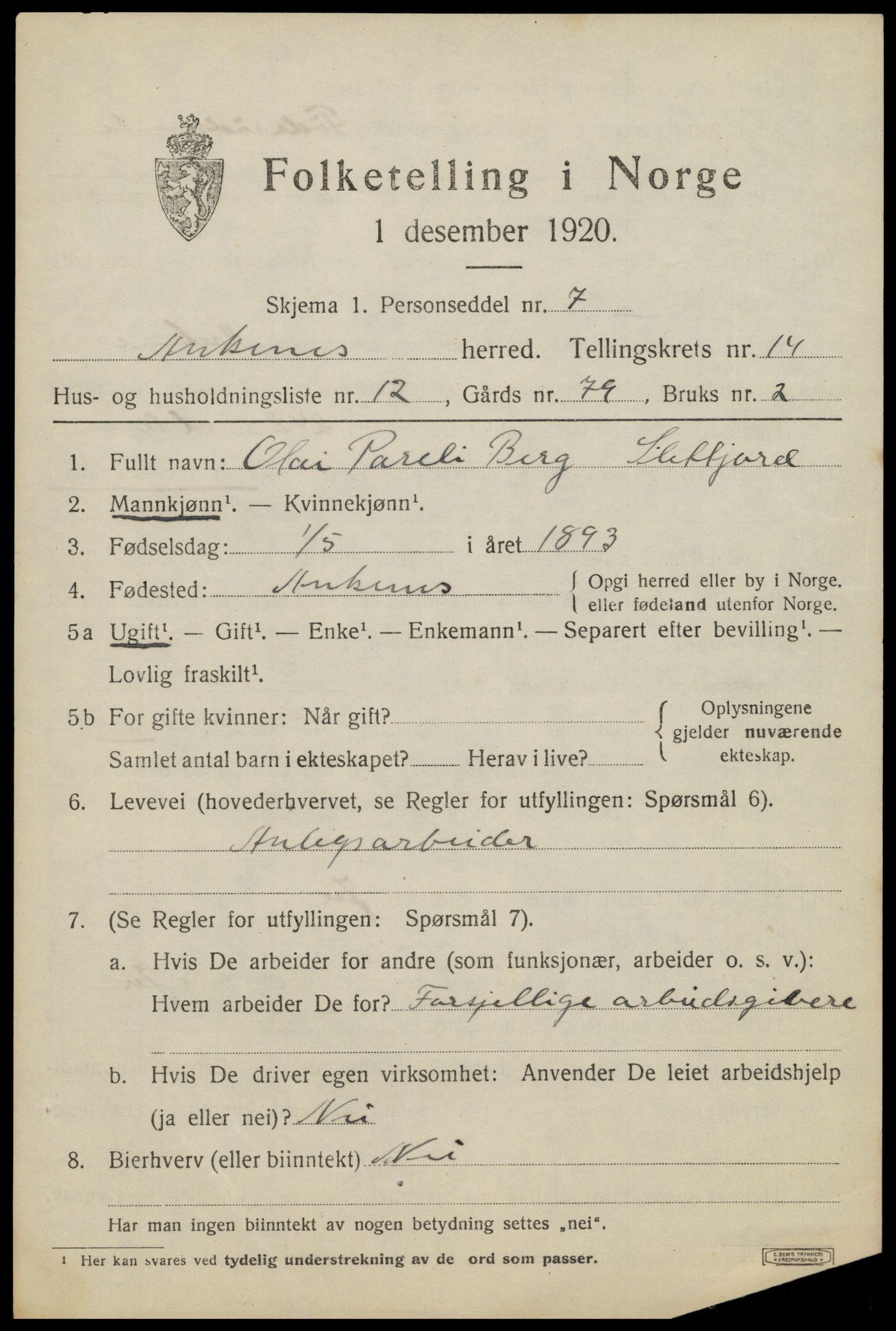 SAT, 1920 census for Ankenes, 1920, p. 7009