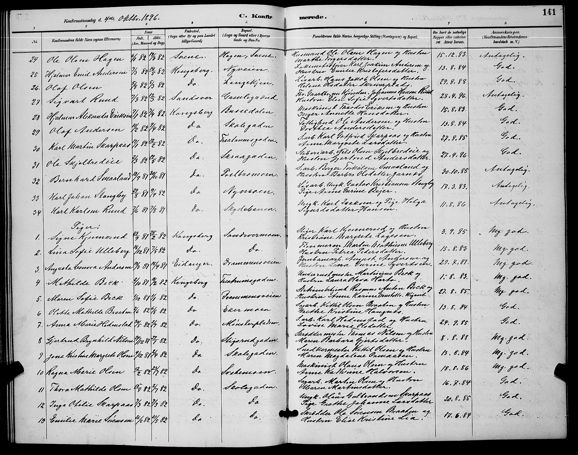 Kongsberg kirkebøker, AV/SAKO-A-22/G/Ga/L0006: Parish register (copy) no. 6, 1890-1901, p. 141