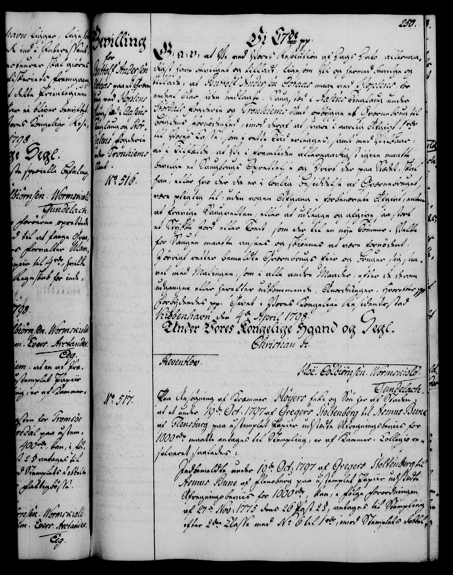 Rentekammeret, Kammerkanselliet, AV/RA-EA-3111/G/Gg/Gga/L0016: Norsk ekspedisjonsprotokoll med register (merket RK 53.16), 1794-1800, p. 250