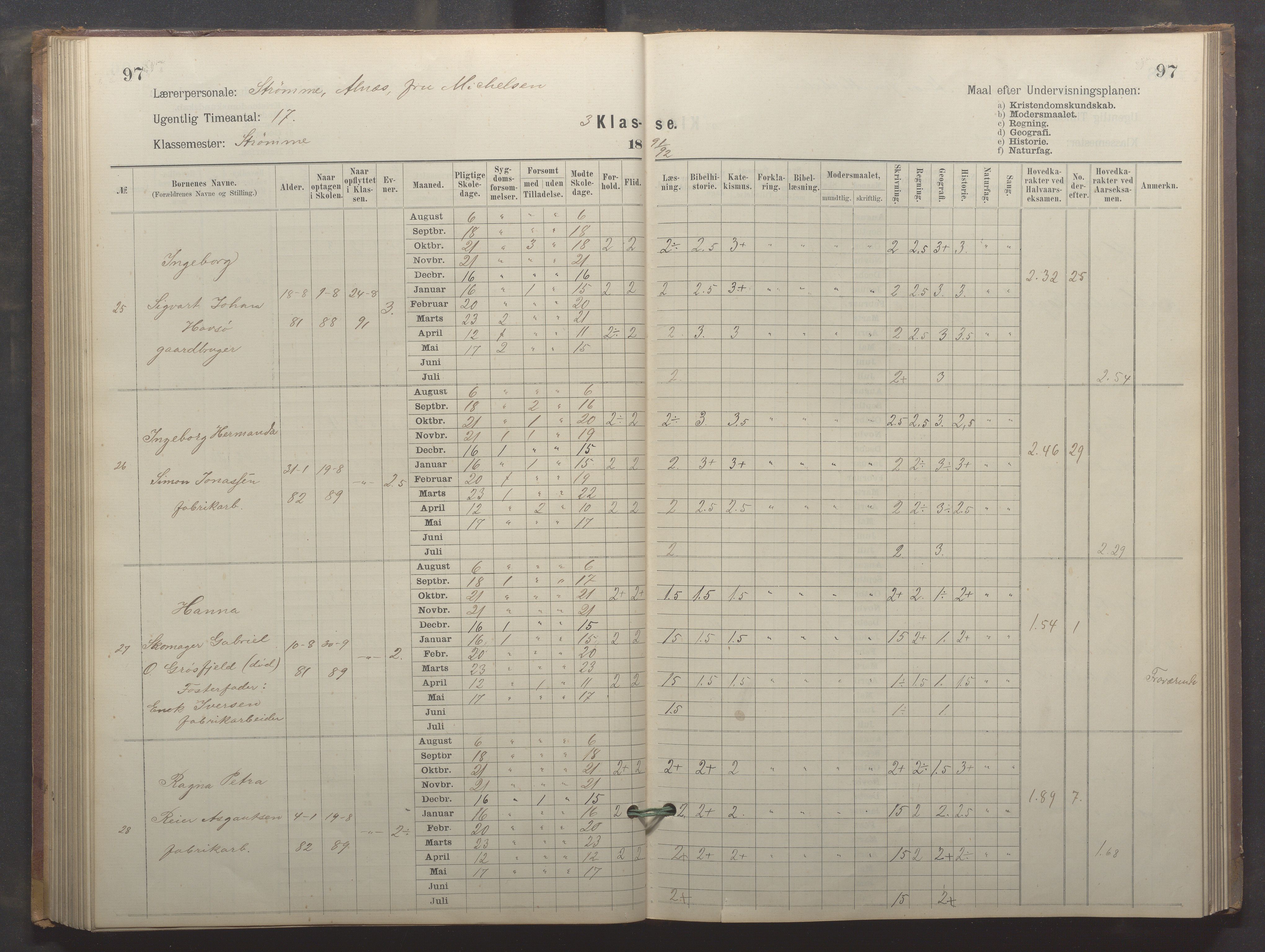 Egersund kommune (Ladested) - Egersund almueskole/folkeskole, IKAR/K-100521/H/L0024: Skoleprotokoll - Almueskolen, 3. klasse, 1887-1892, p. 97