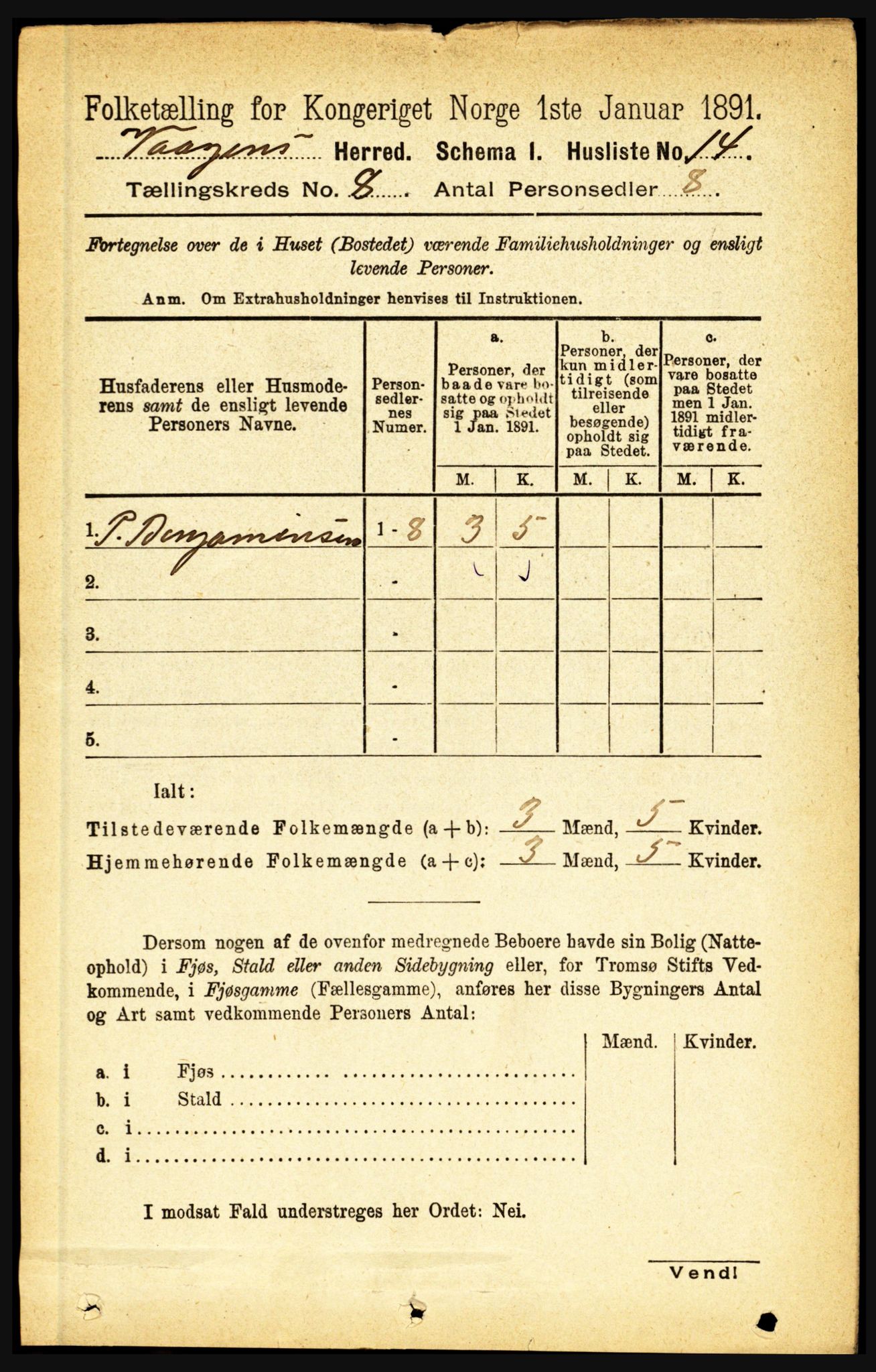 RA, 1891 census for 1865 Vågan, 1891, p. 2087