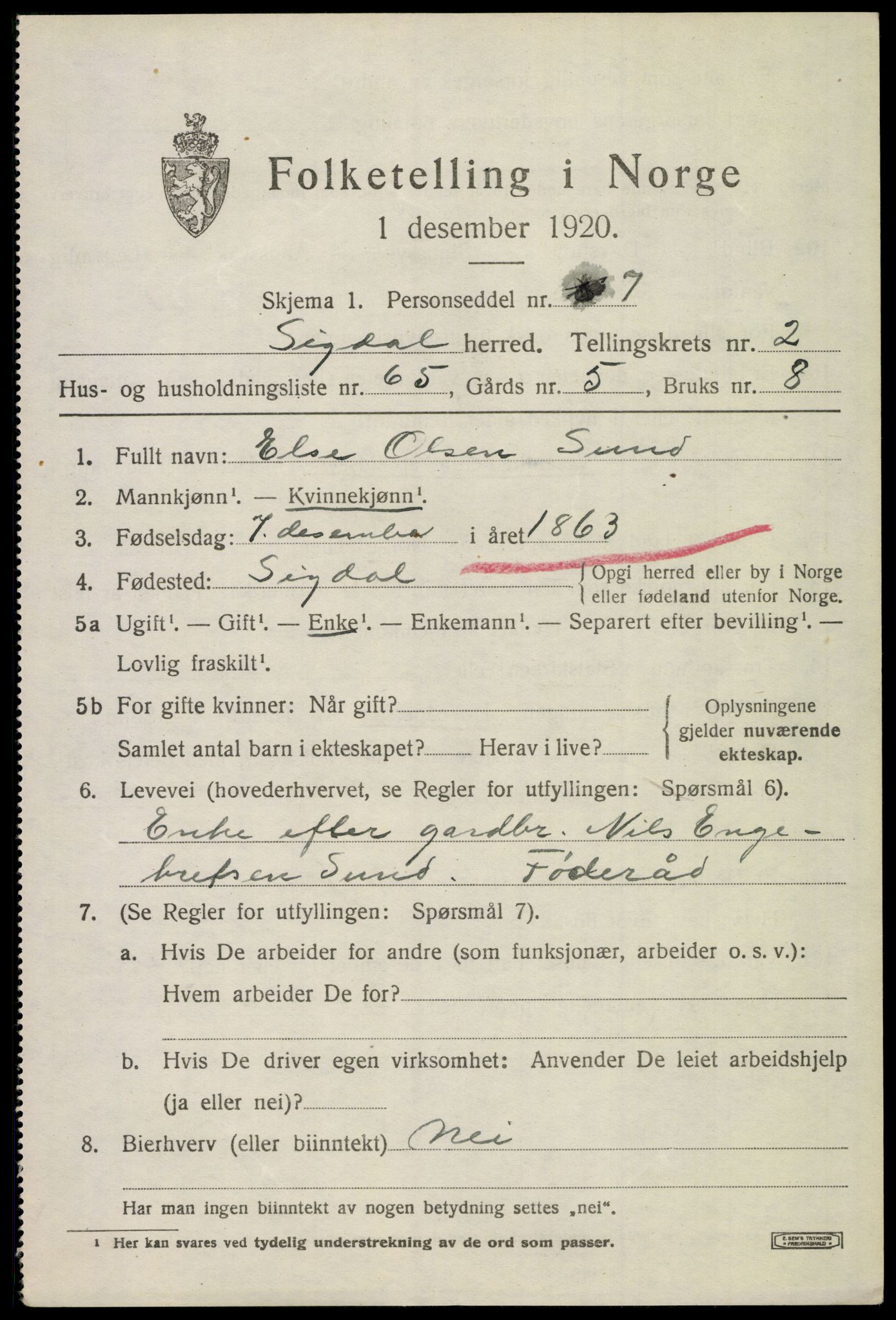 SAKO, 1920 census for Sigdal, 1920, p. 2764