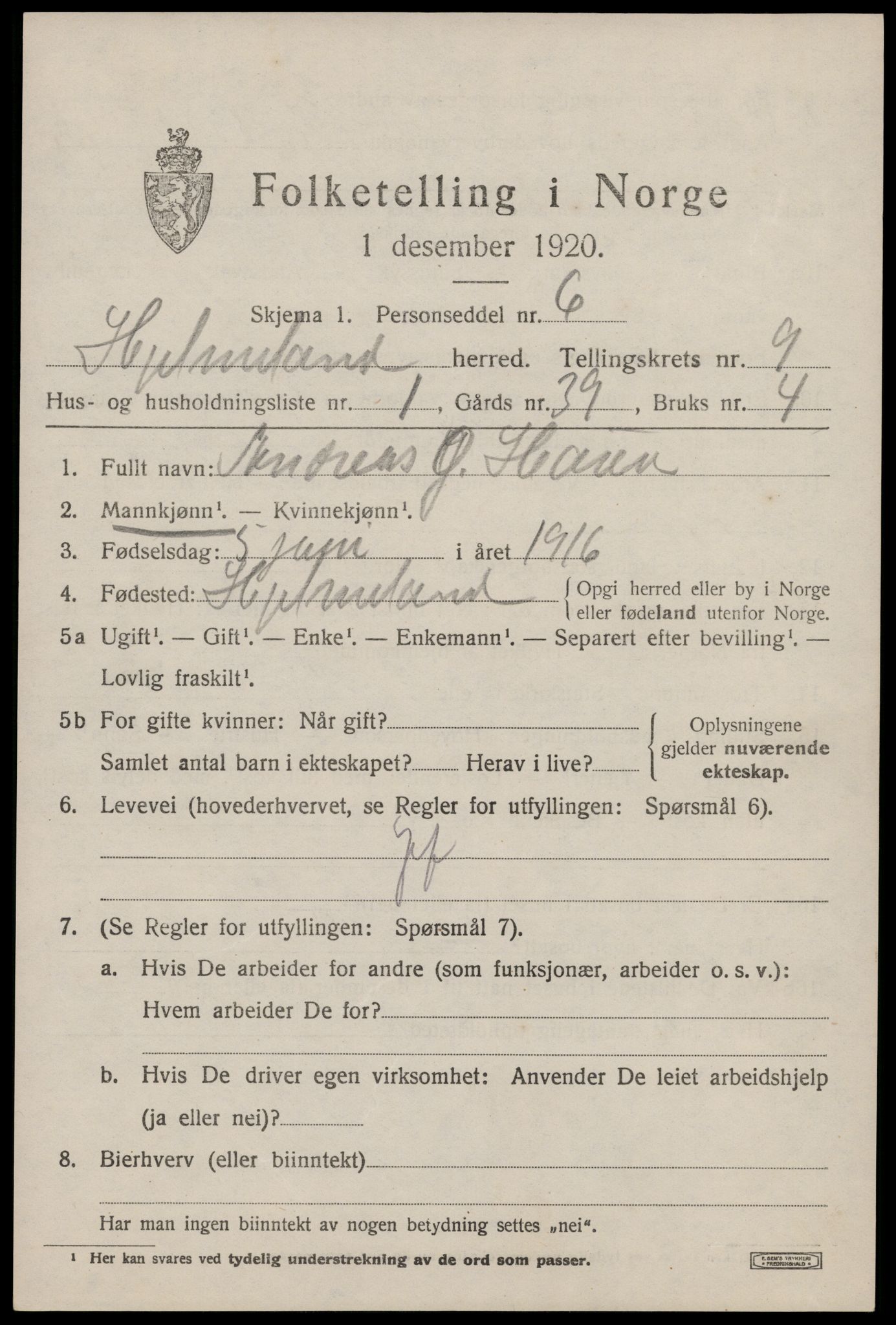 SAST, 1920 census for Hjelmeland, 1920, p. 2695