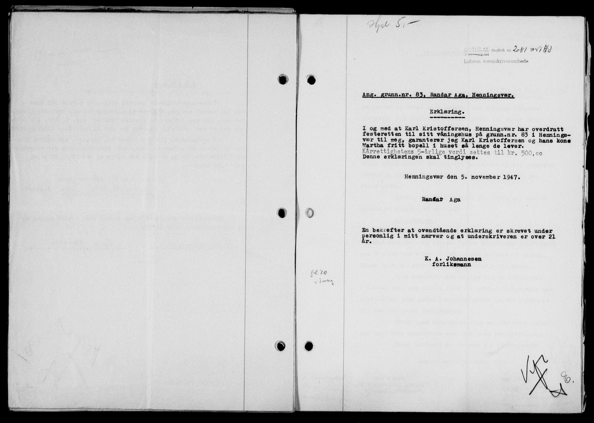 Lofoten sorenskriveri, SAT/A-0017/1/2/2C/L0017a: Mortgage book no. 17a, 1947-1948, Diary no: : 2081/1947