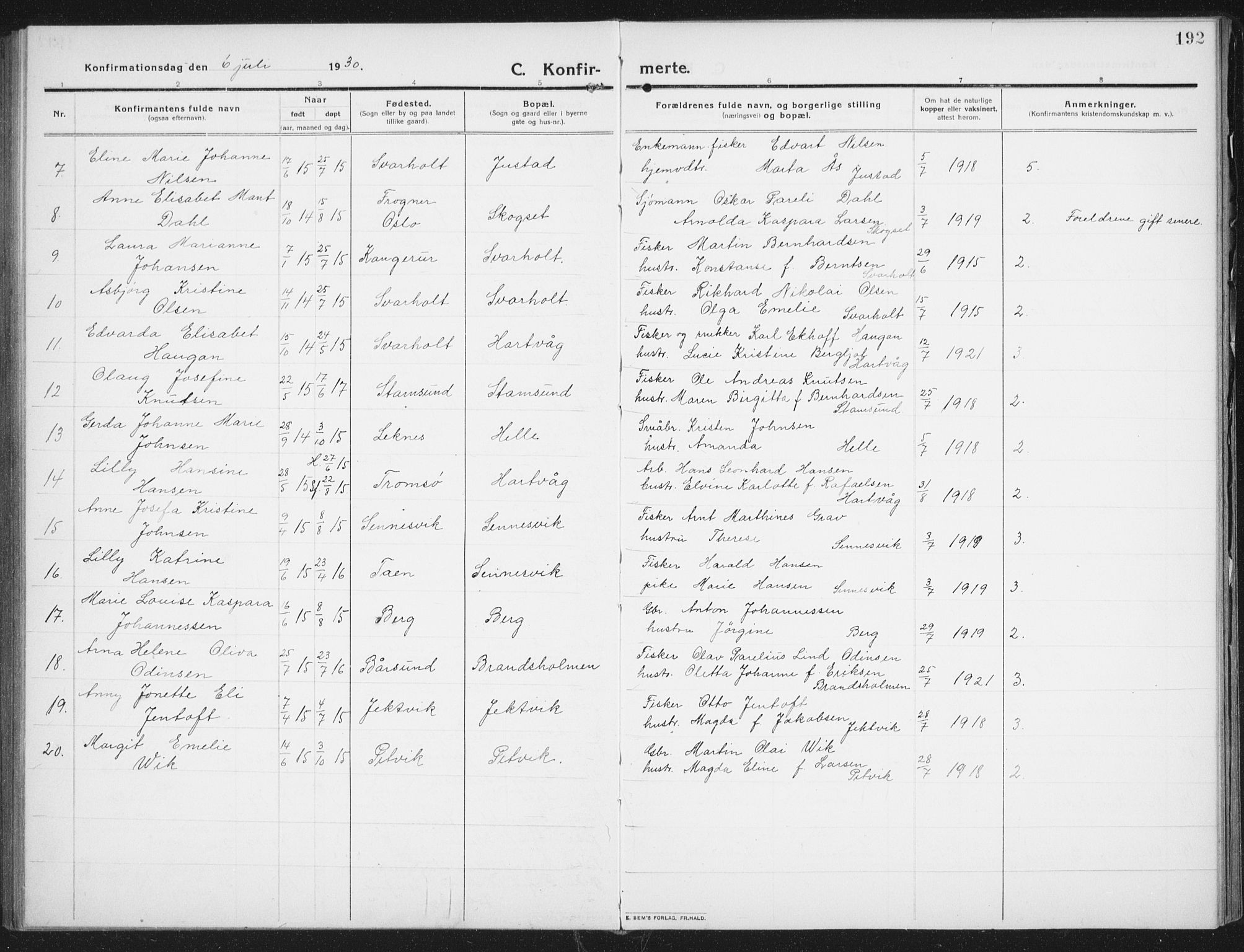 Ministerialprotokoller, klokkerbøker og fødselsregistre - Nordland, SAT/A-1459/882/L1183: Parish register (copy) no. 882C01, 1911-1938, p. 192