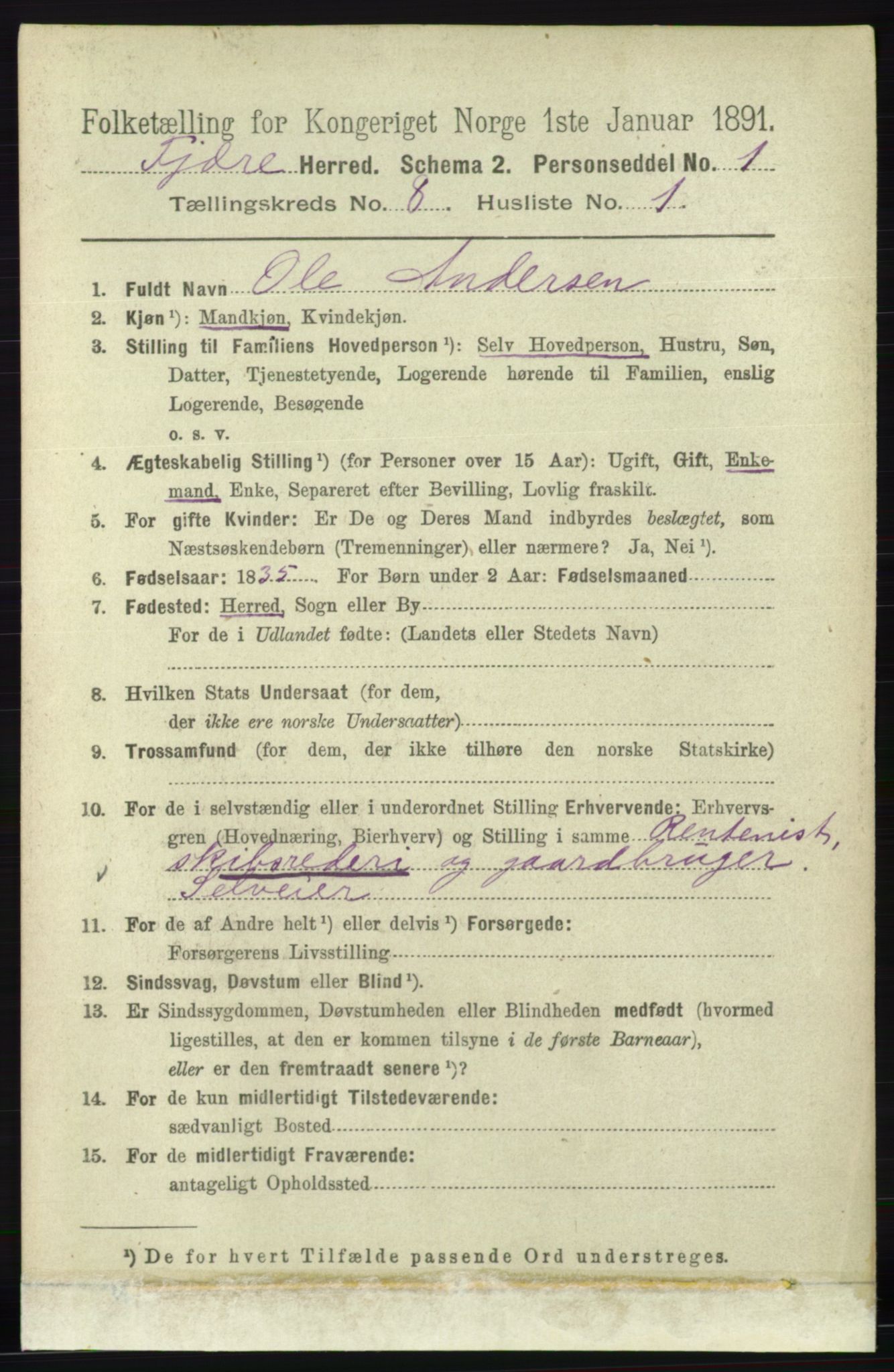 RA, 1891 census for 0923 Fjære, 1891, p. 3738