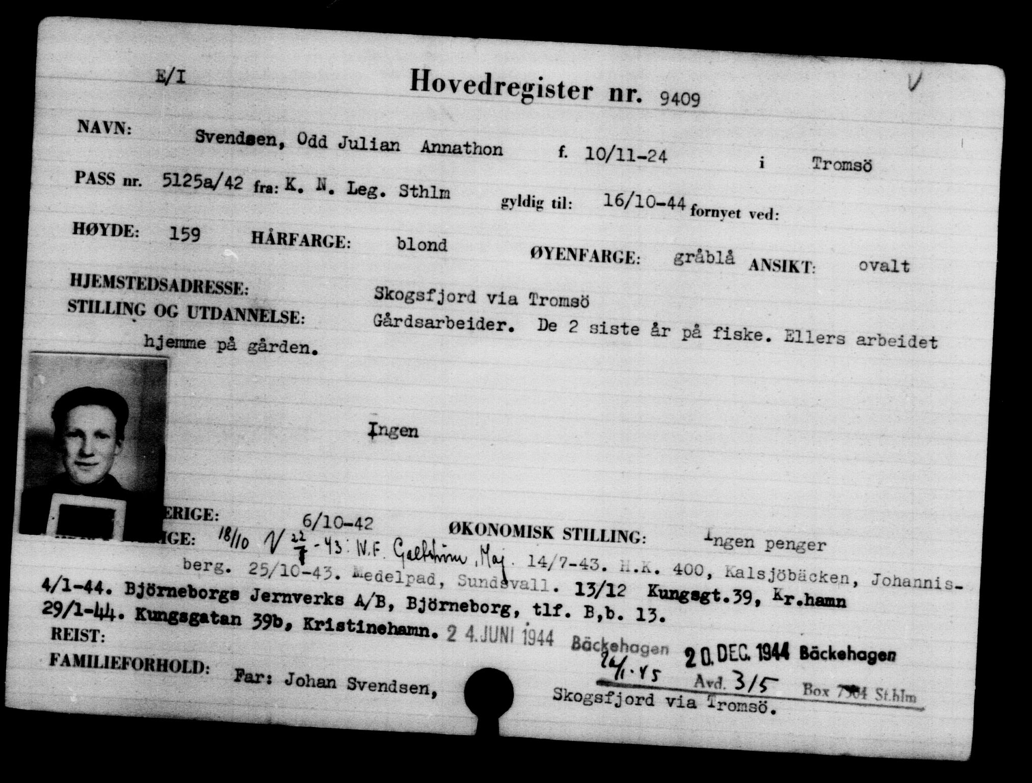 Utenriksstasjonene, Legasjonen i Stockholm, Flyktningkontoret, AV/RA-S-6753/V/Va/L0005: Kjesäterkartoteket, flyktninger med registreringsnr. 6600-9417, 1940-1945, p. 3306