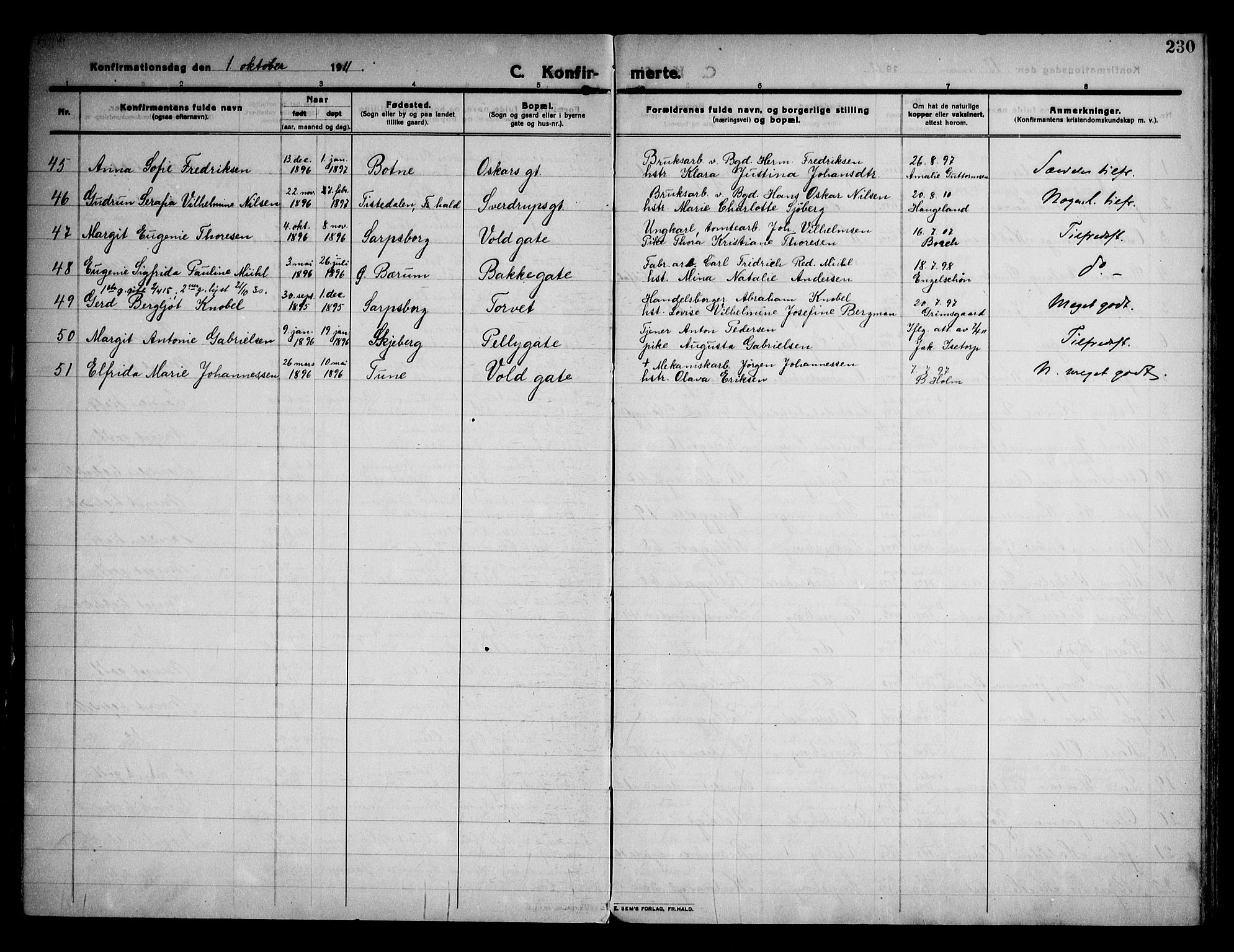 Sarpsborg prestekontor Kirkebøker, AV/SAO-A-2006/F/Fa/L0008: Parish register (official) no. 8, 1910-1920, p. 230