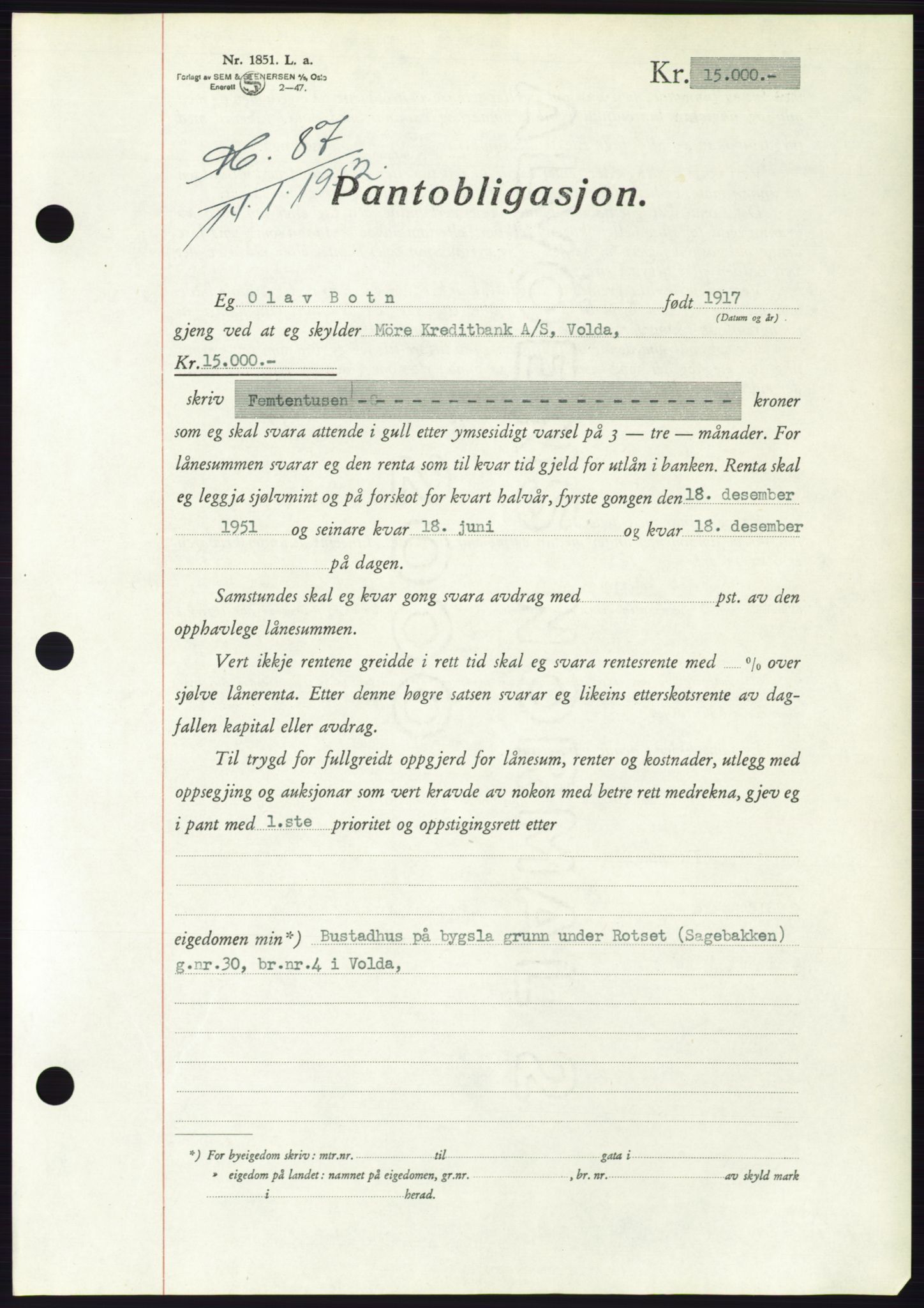 Søre Sunnmøre sorenskriveri, AV/SAT-A-4122/1/2/2C/L0121: Mortgage book no. 9B, 1951-1952, Diary no: : 87/1952