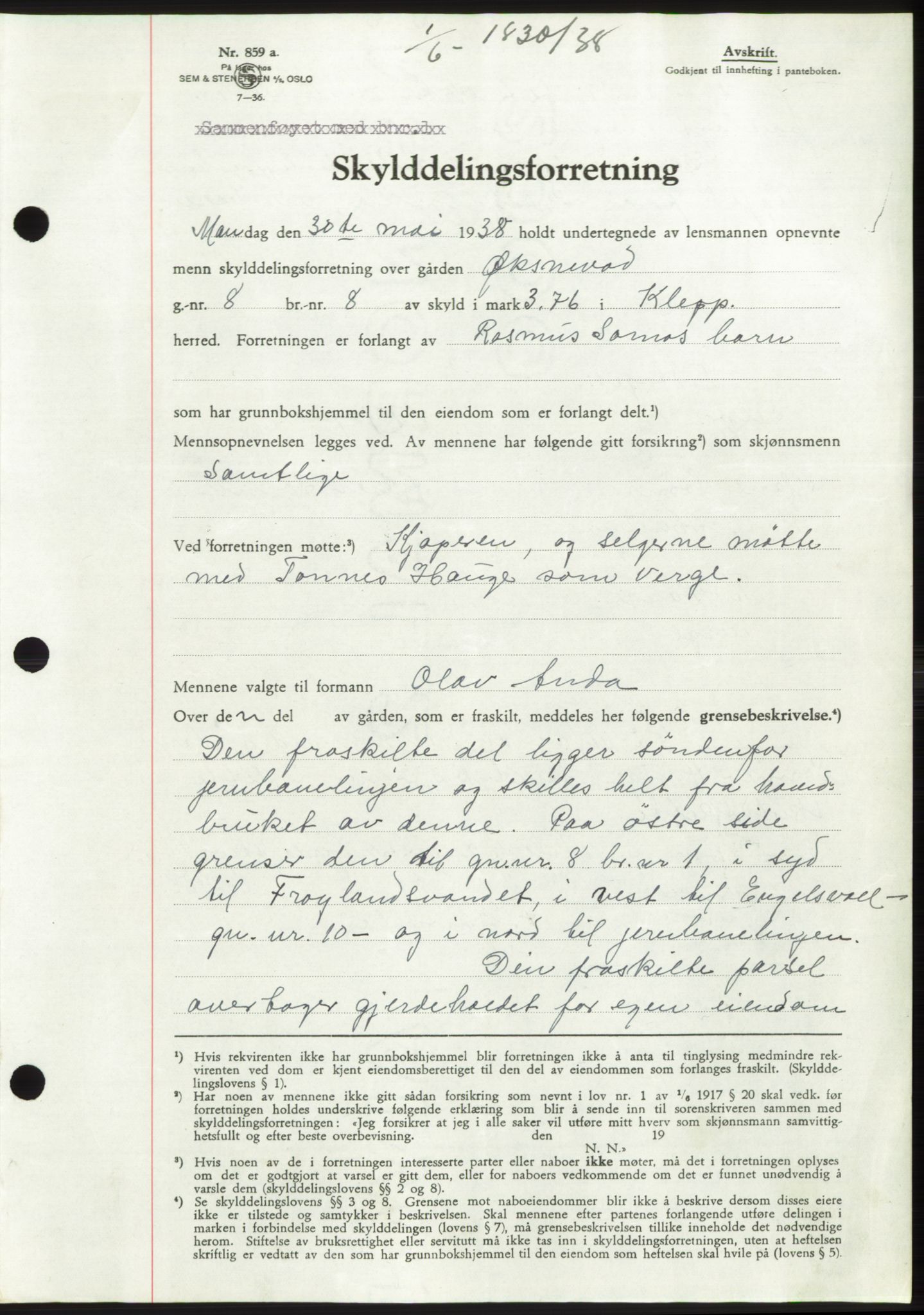 Jæren sorenskriveri, AV/SAST-A-100310/03/G/Gba/L0071: Mortgage book, 1938-1938, Diary no: : 1830/1938