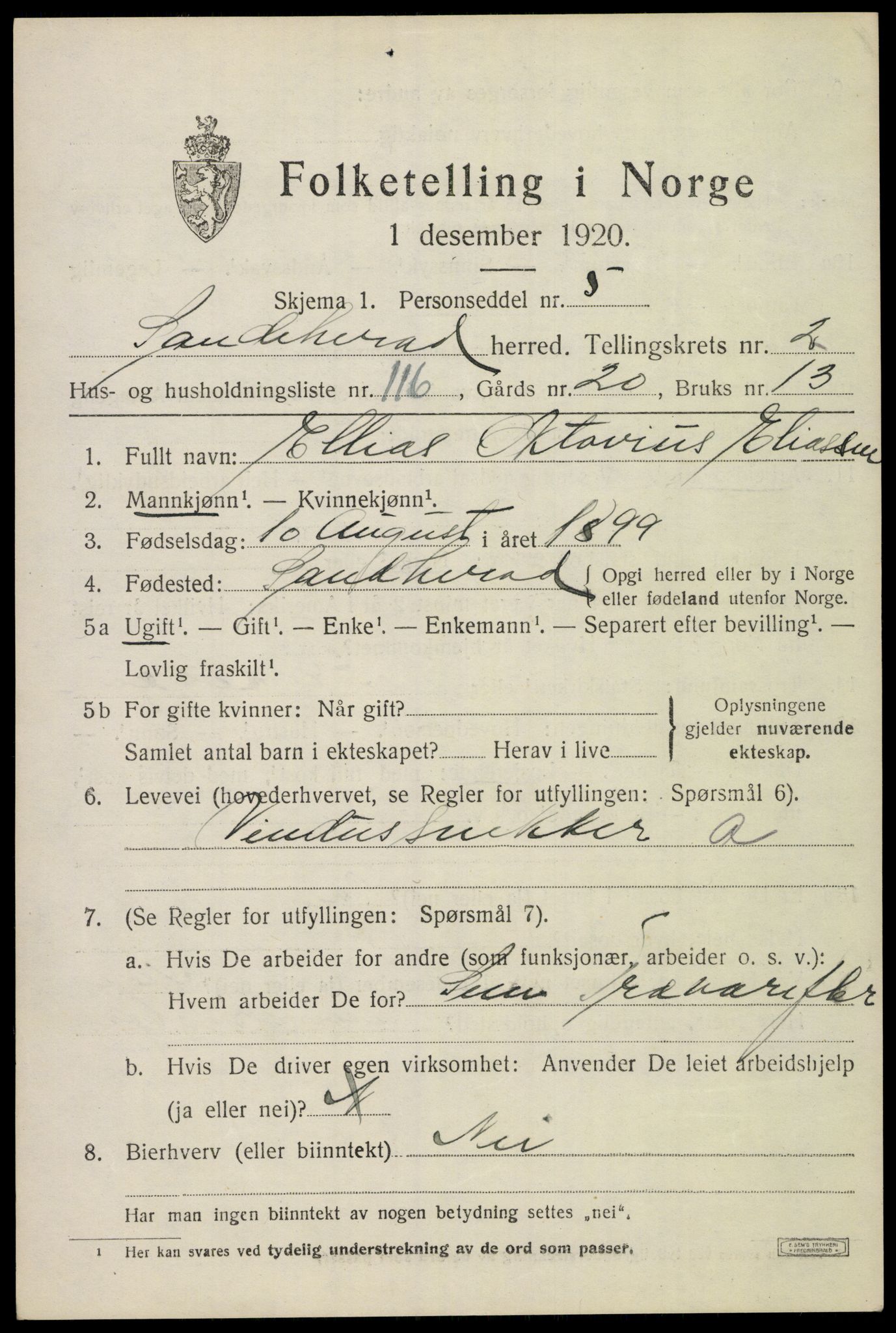 SAKO, 1920 census for Sandeherred, 1920, p. 5232