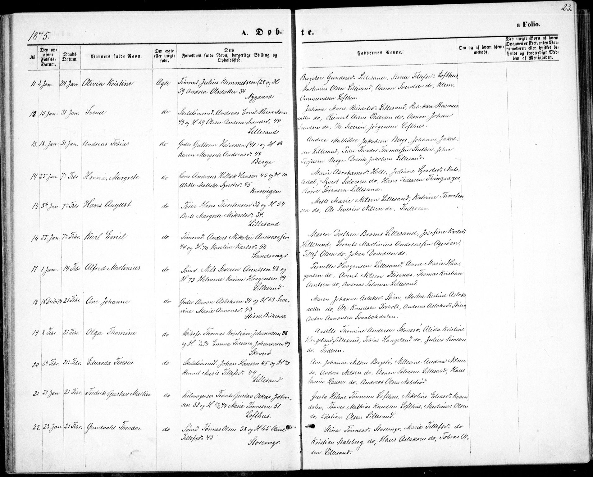 Vestre Moland sokneprestkontor, SAK/1111-0046/F/Fb/Fbb/L0005: Parish register (copy) no. B 5, 1872-1883, p. 23